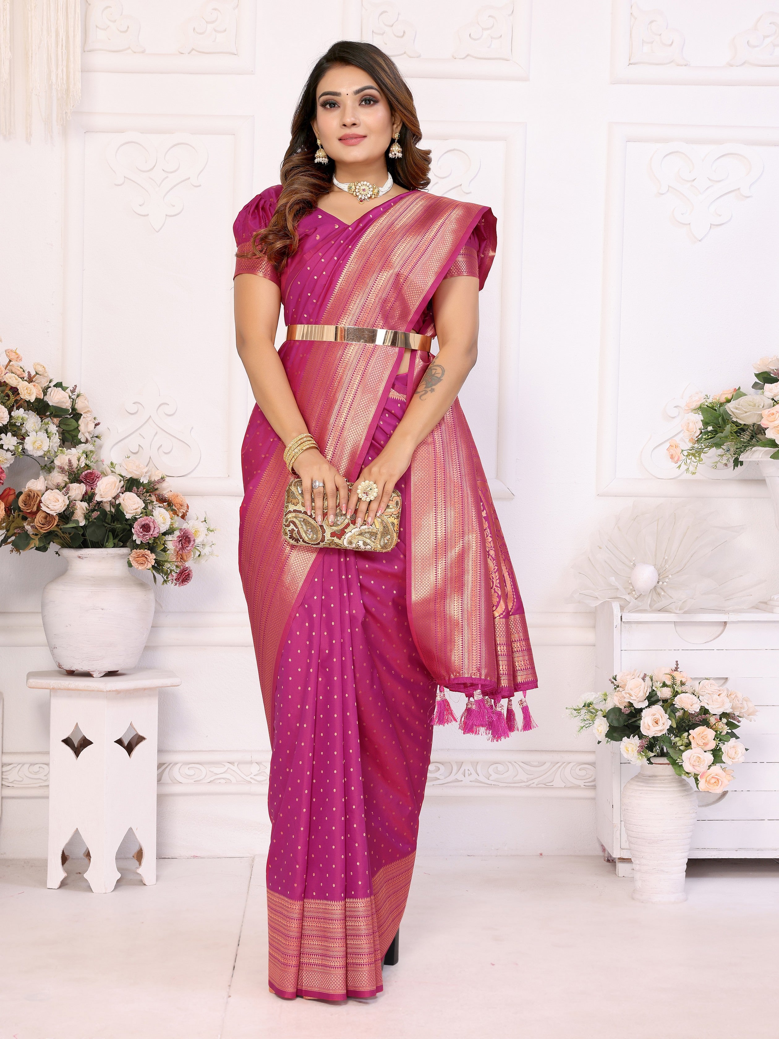 Girlie Woven Jari Designer Soft Silk Saree In Magenta