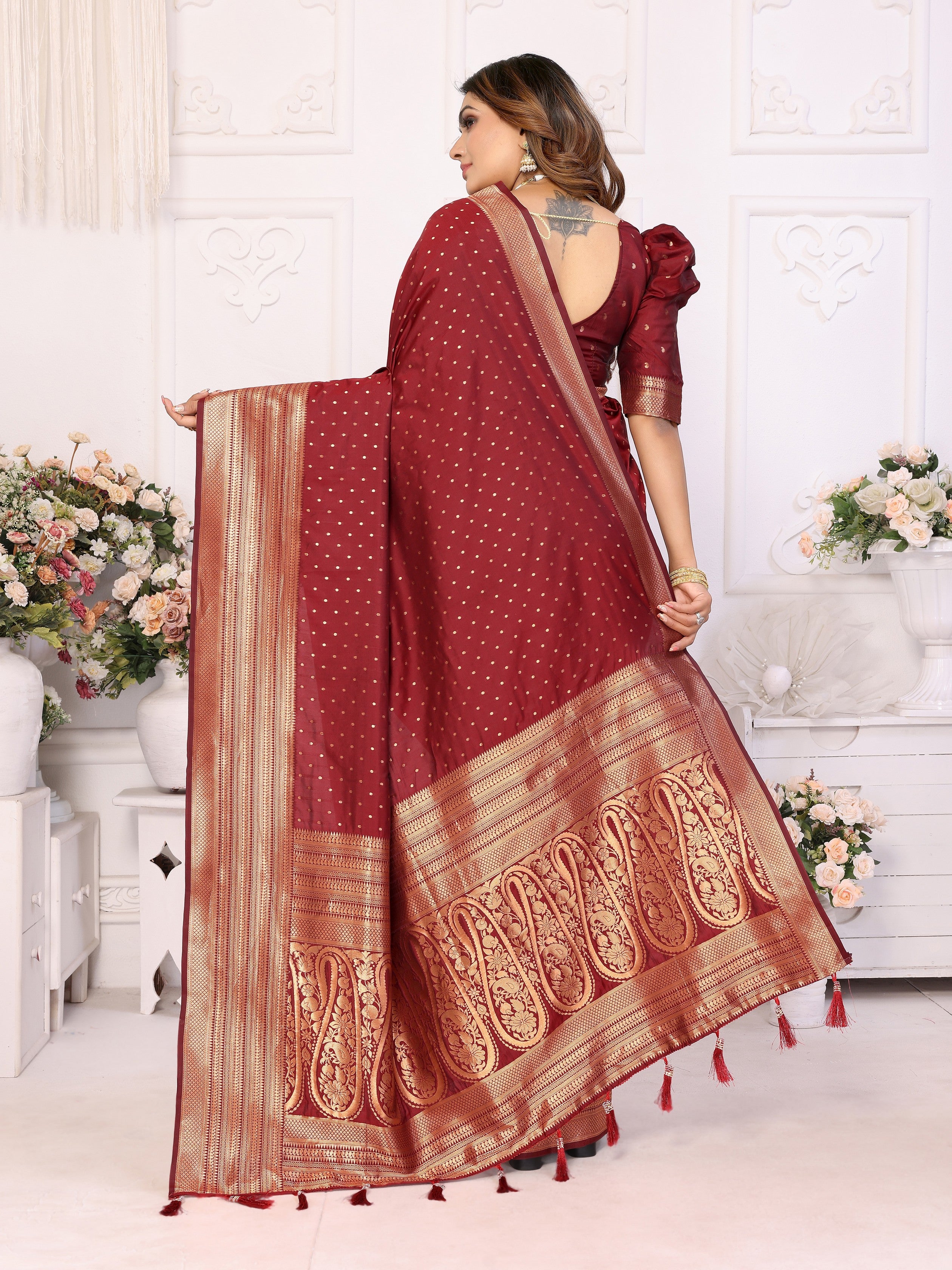 Girlie Woven Jari Designer Soft Silk Saree In Maroon