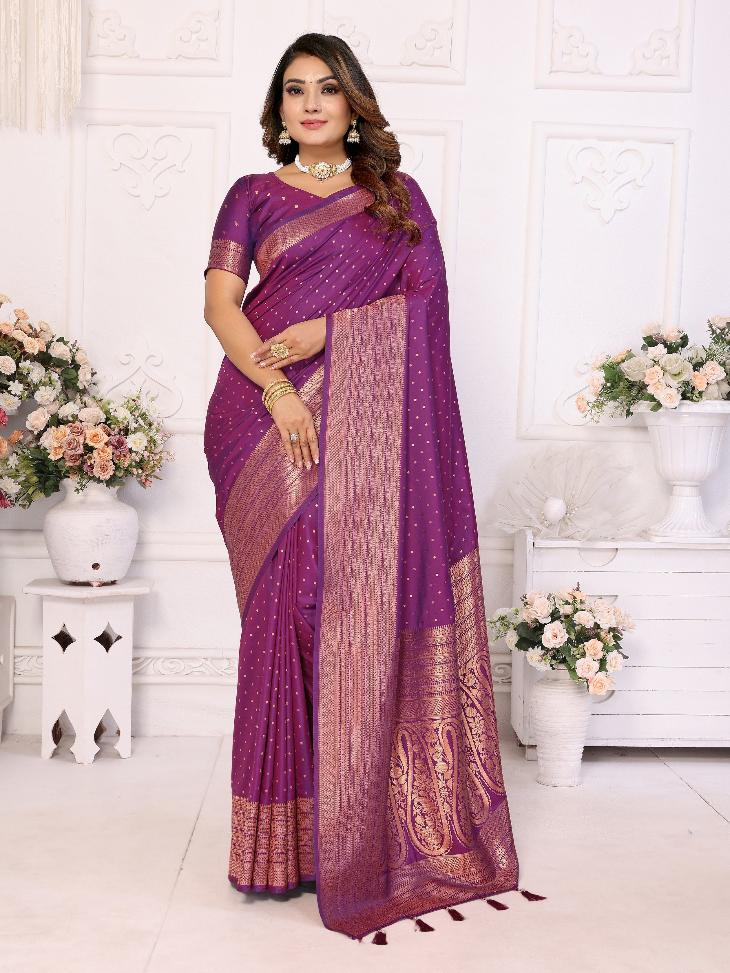 Girlie Woven Jari Designer Soft Silk Saree In Purple
