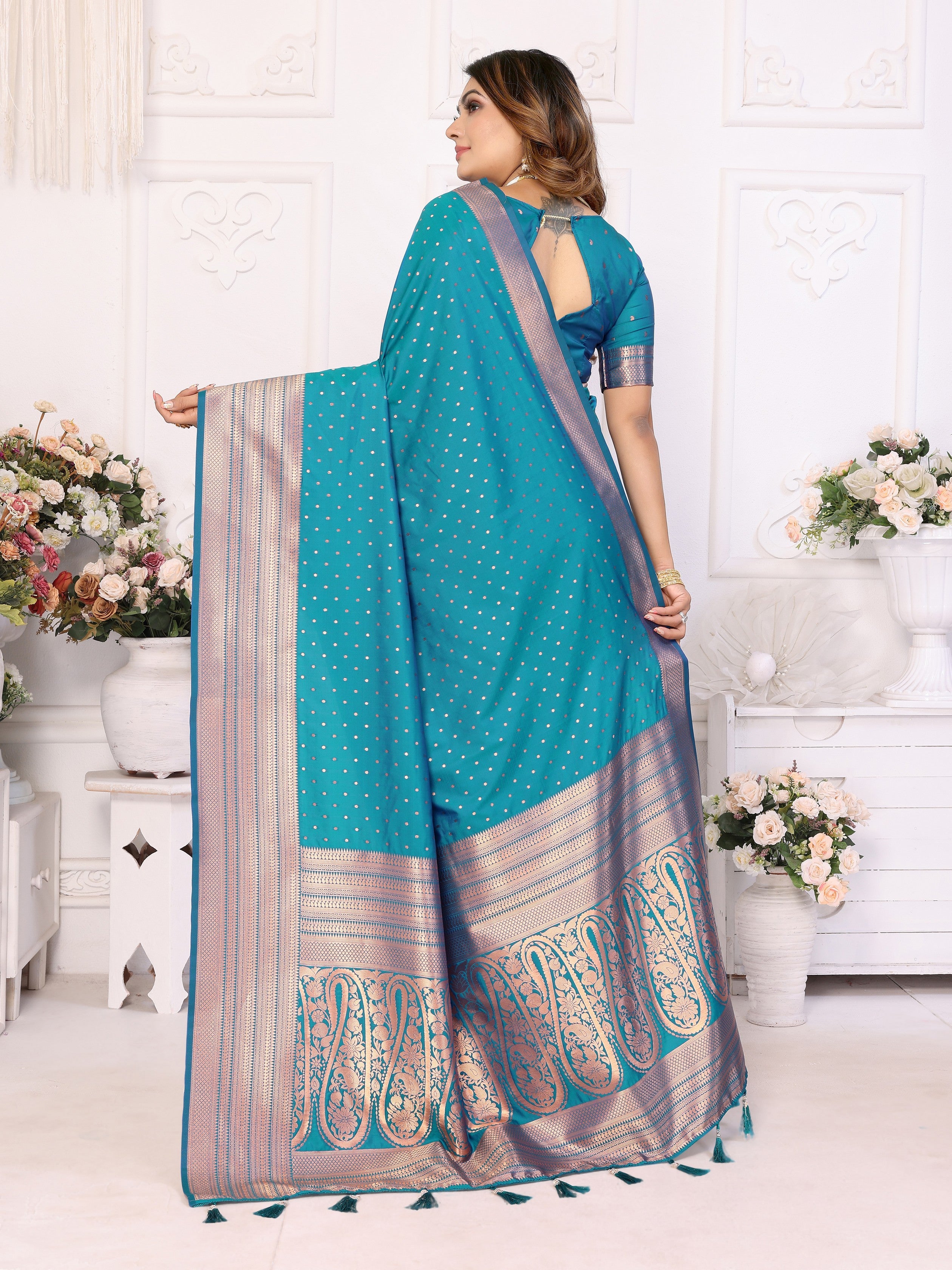 Girlie Woven Jari Designer Soft Silk Saree In Teal Blue