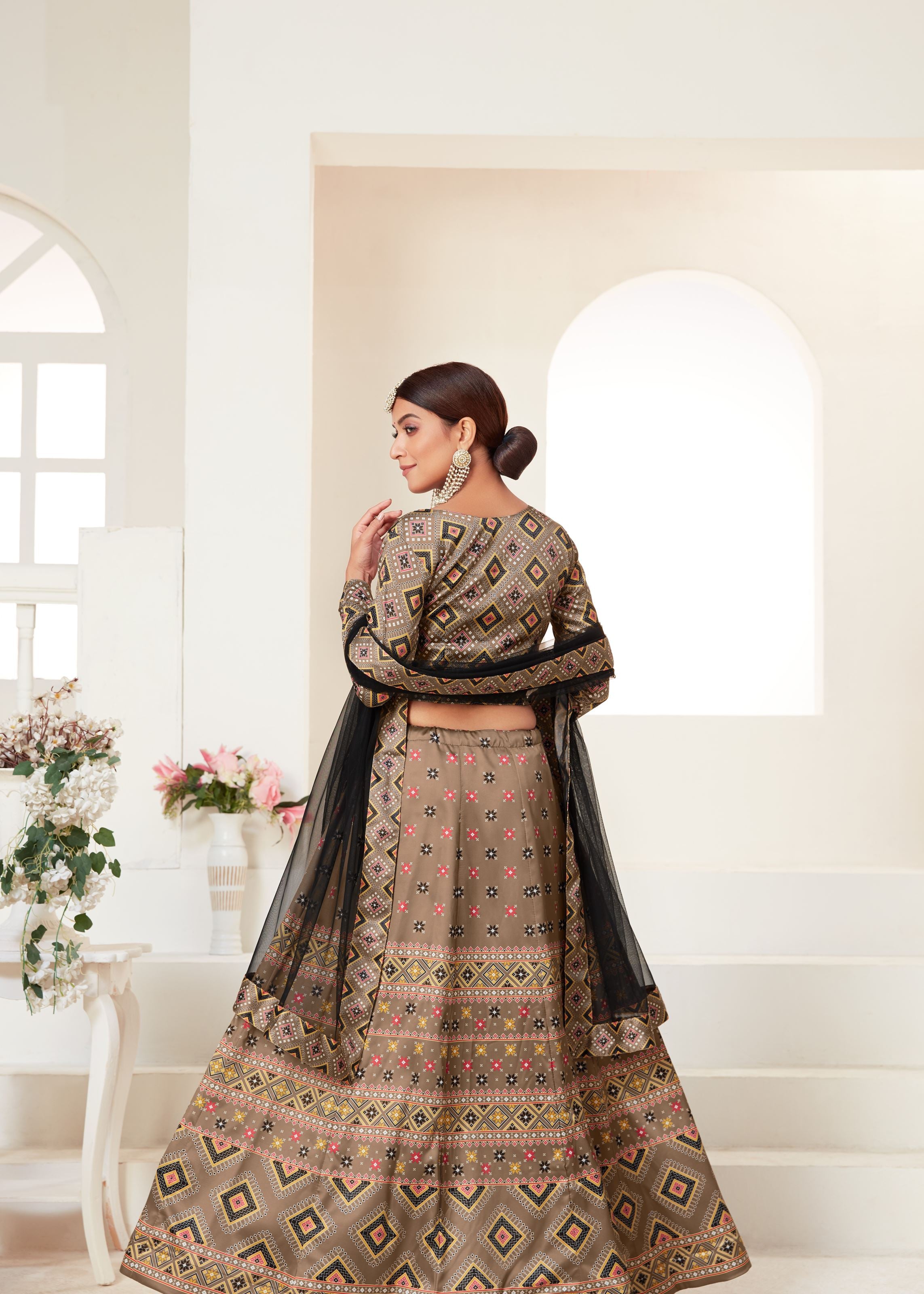 Gold Ajmeri Silk Lehenga Choli With Digital Print