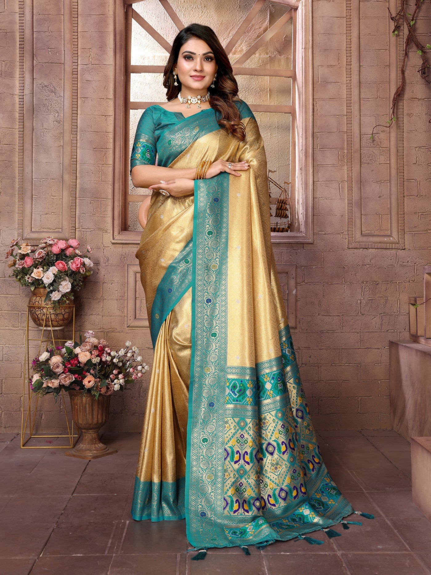 Gold Banarasi Tissue Silk Saree With Traditional Weaving