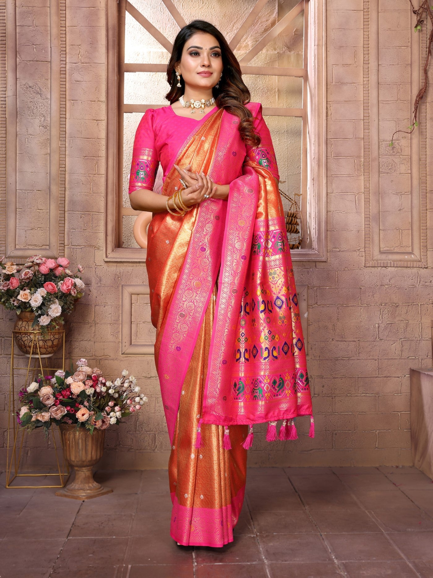 Gold Banarasi Tissue Silk Saree With Traditional Weaving