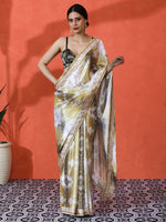 Gold Chinon Designer Digital Printed Saree For Ceremonial Looks