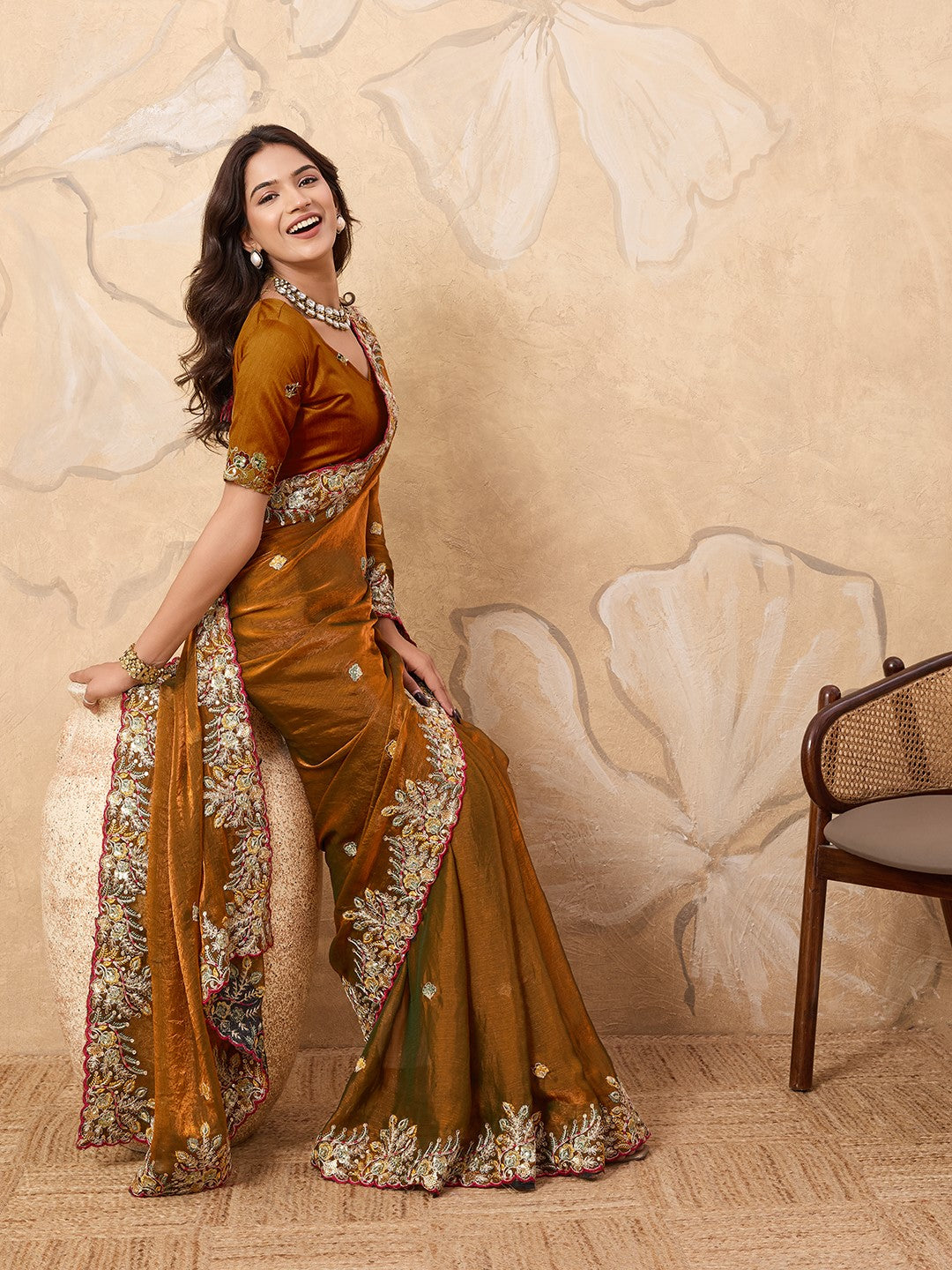 Gold Fendy Chiffon Saree With Premium Embroidery