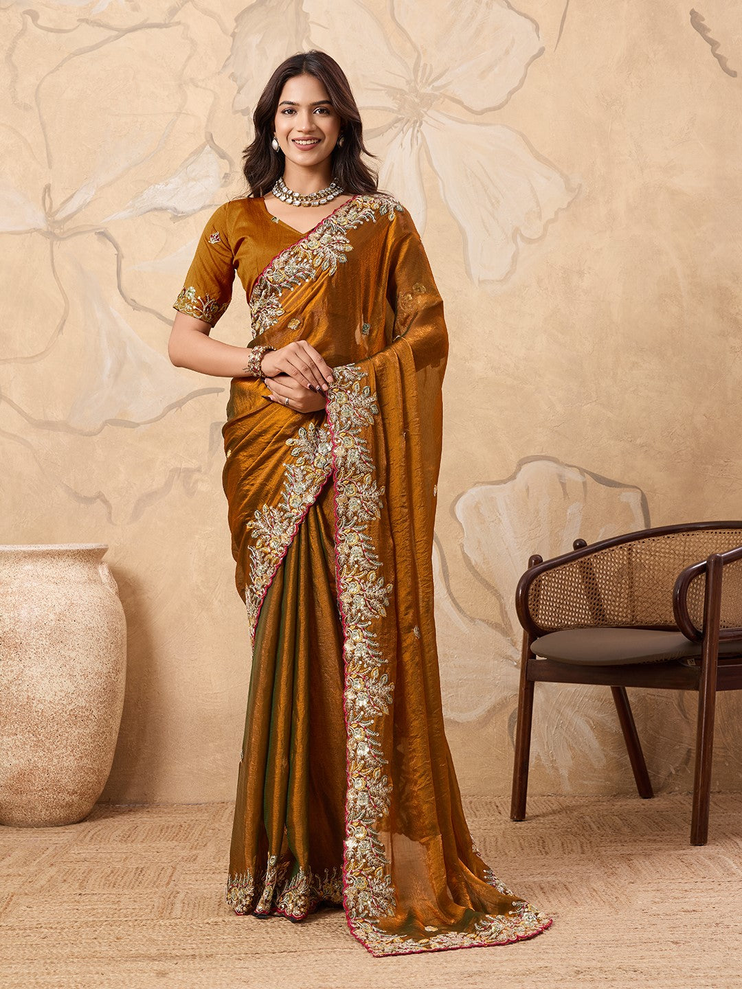 Gold Fendy Chiffon Saree With Premium Embroidery
