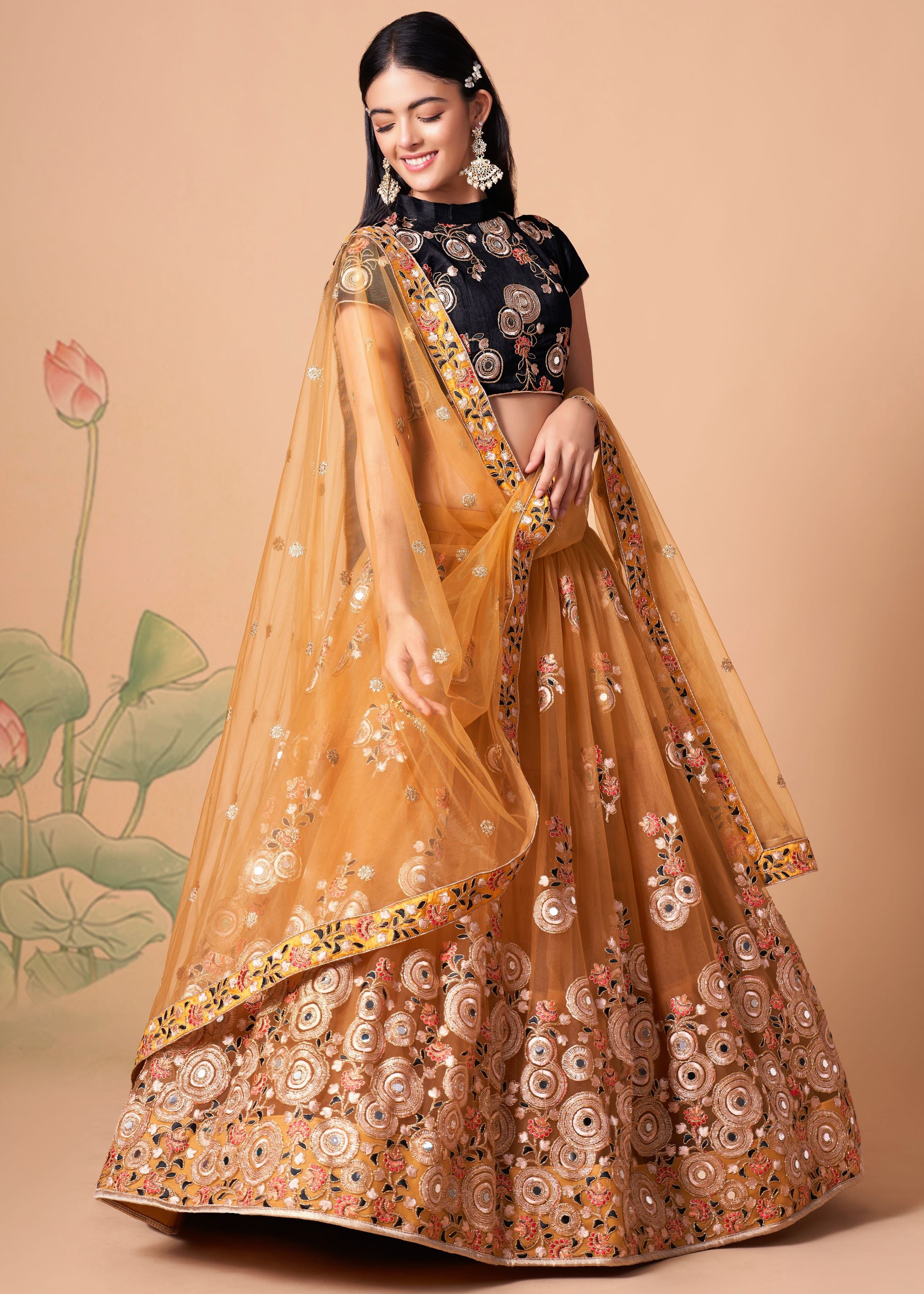 Gold Lehenga Choli With   Thread, Zari, Dori And Sequins Embroidery With Mirror Work