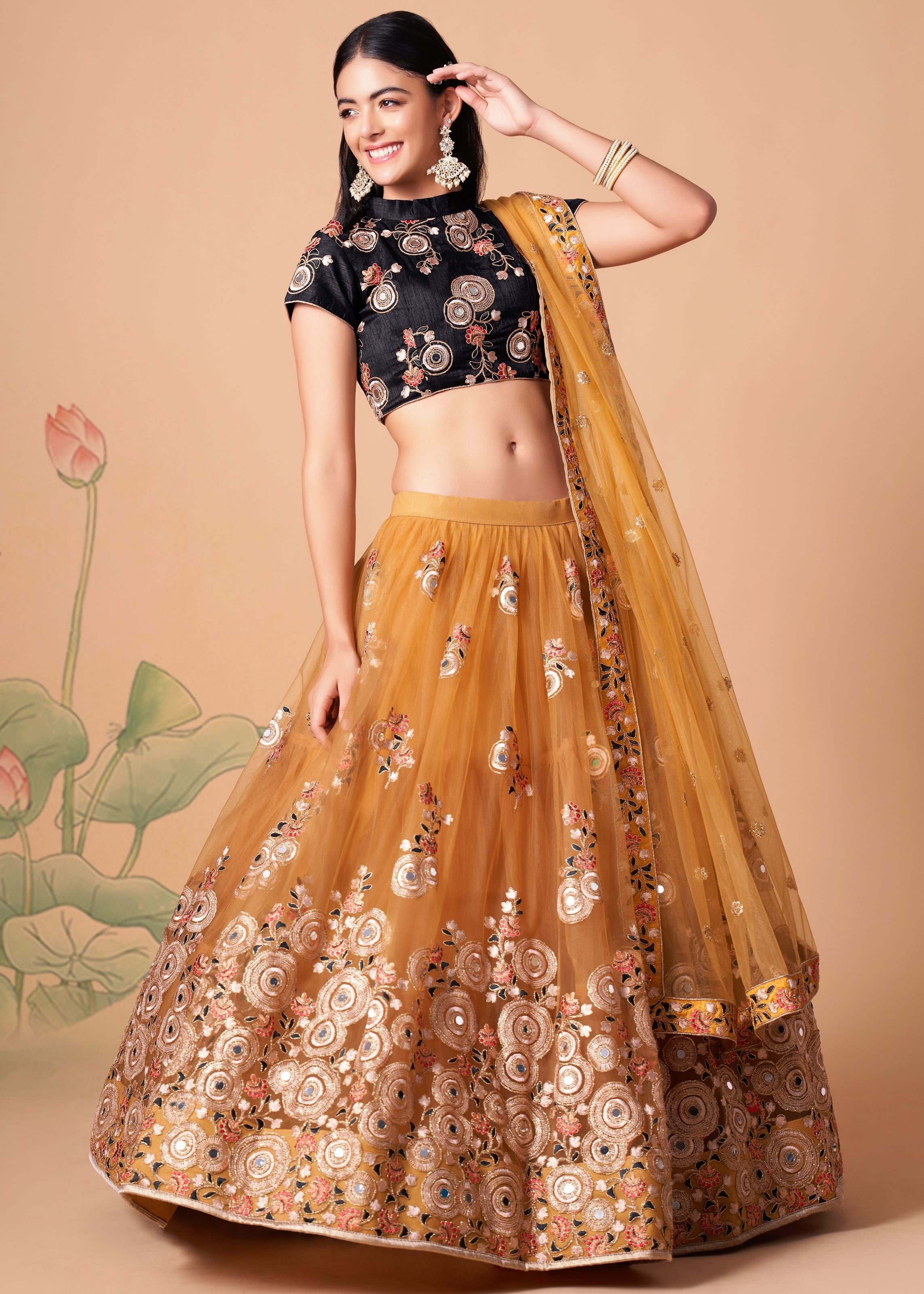 Gold Lehenga Choli With   Thread, Zari, Dori And Sequins Embroidery With Mirror Work