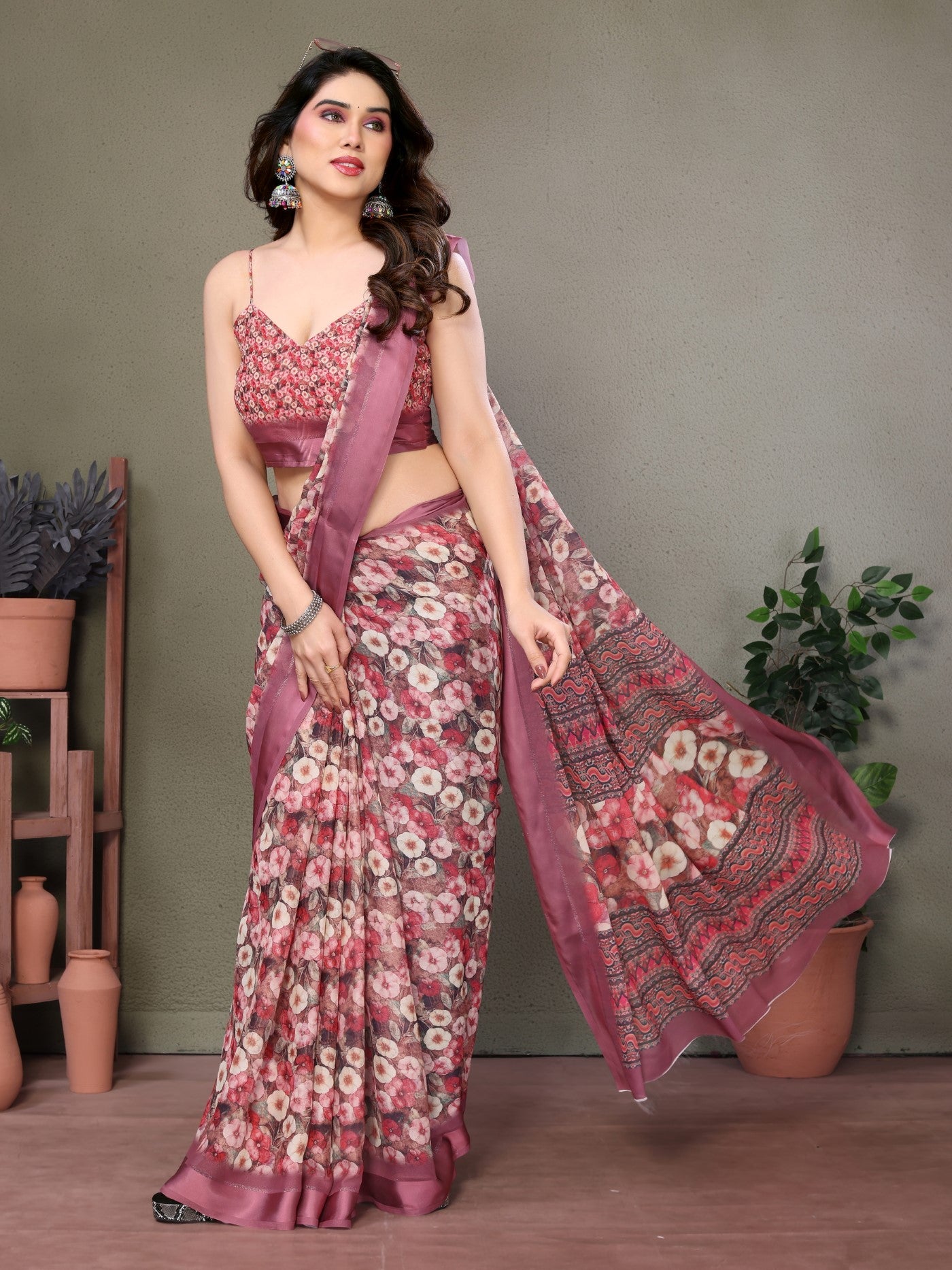 Gold Moss Satin Patta Saree with Digital Print