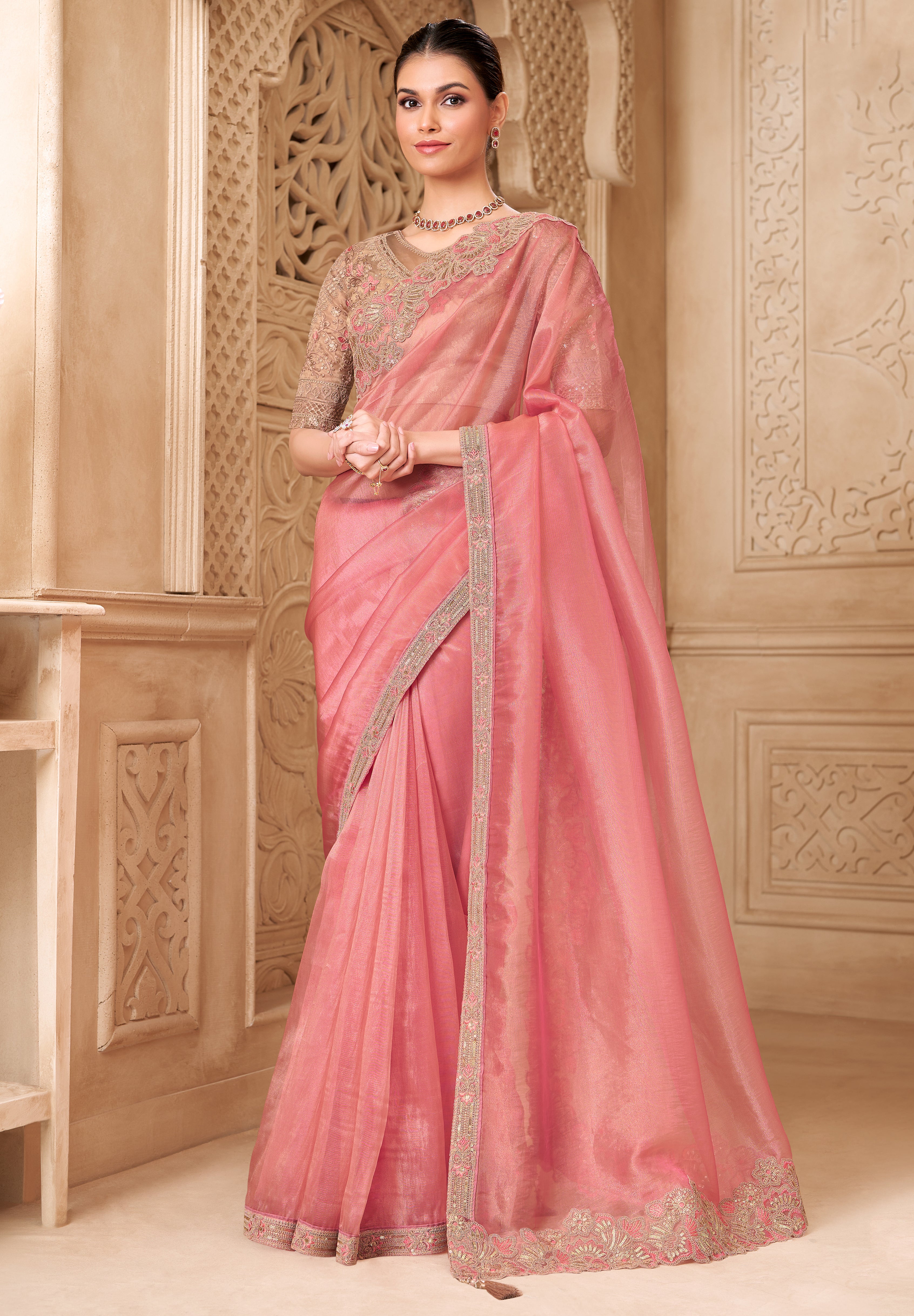Gold Pink Saree With  Heavy Thread Embroidery Sequins Border Work With Embroidery Blouse
