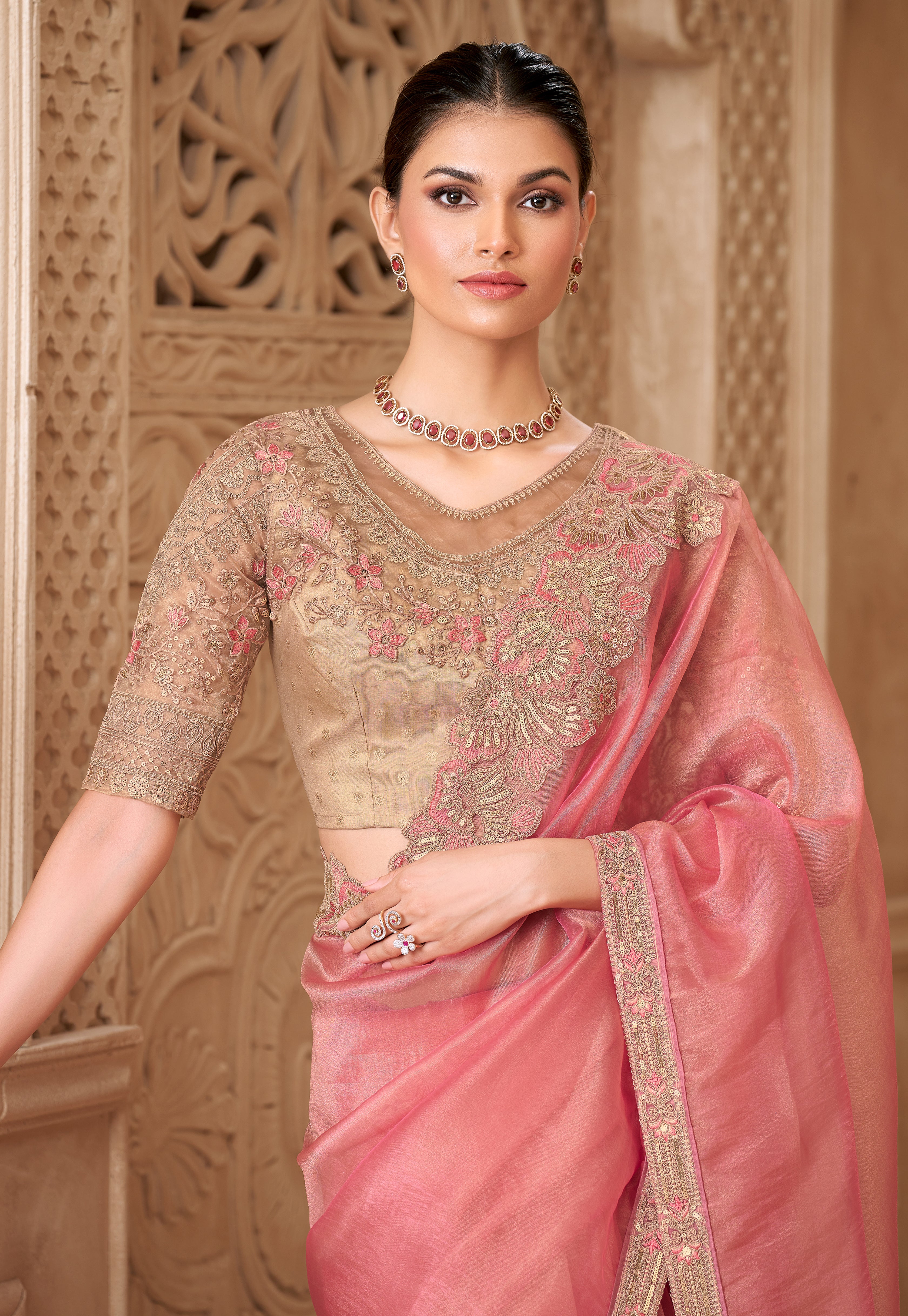Gold Pink Saree With  Heavy Thread Embroidery Sequins Border Work With Embroidery Blouse