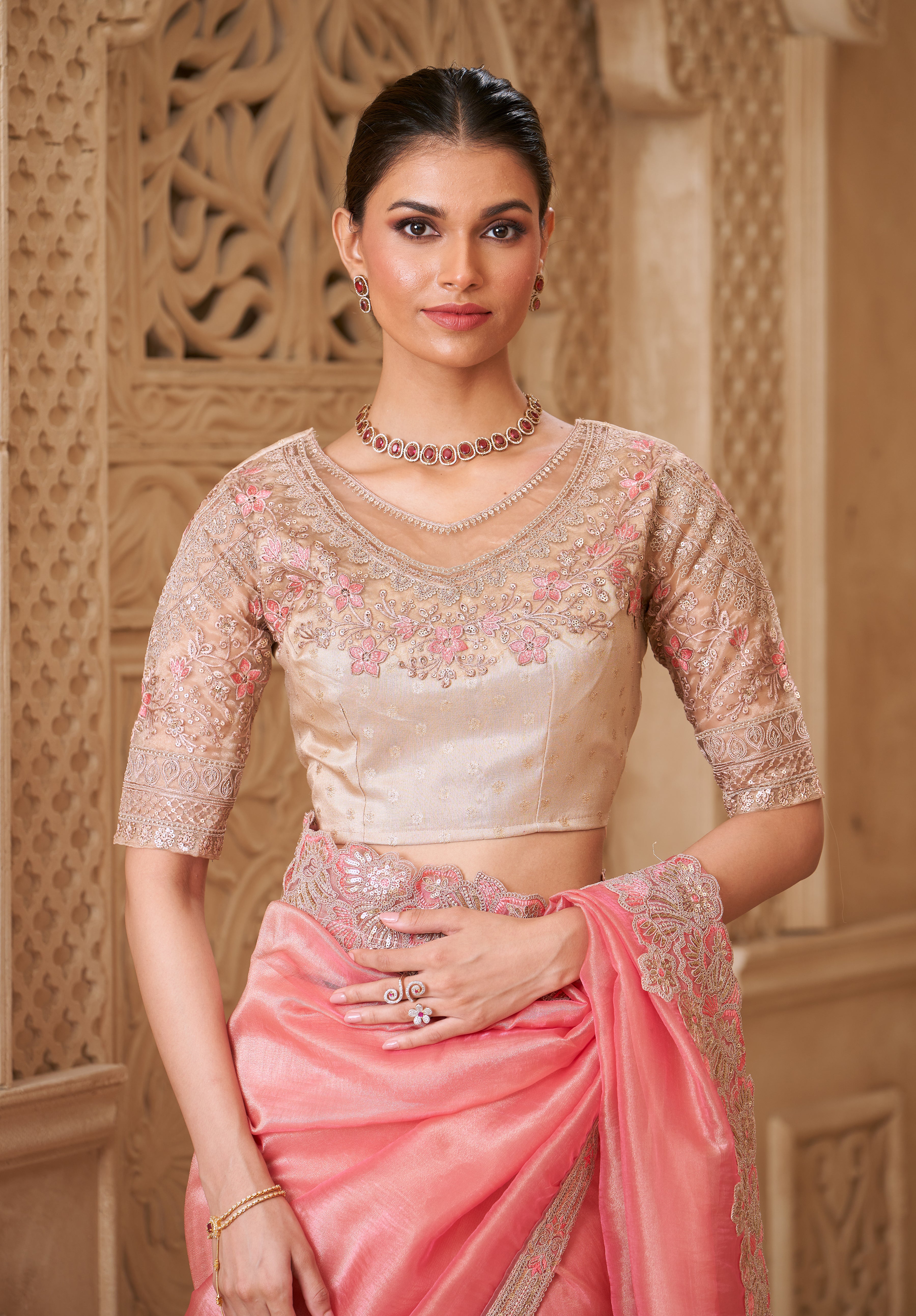 Gold Pink Saree With  Heavy Thread Embroidery Sequins Border Work With Embroidery Blouse