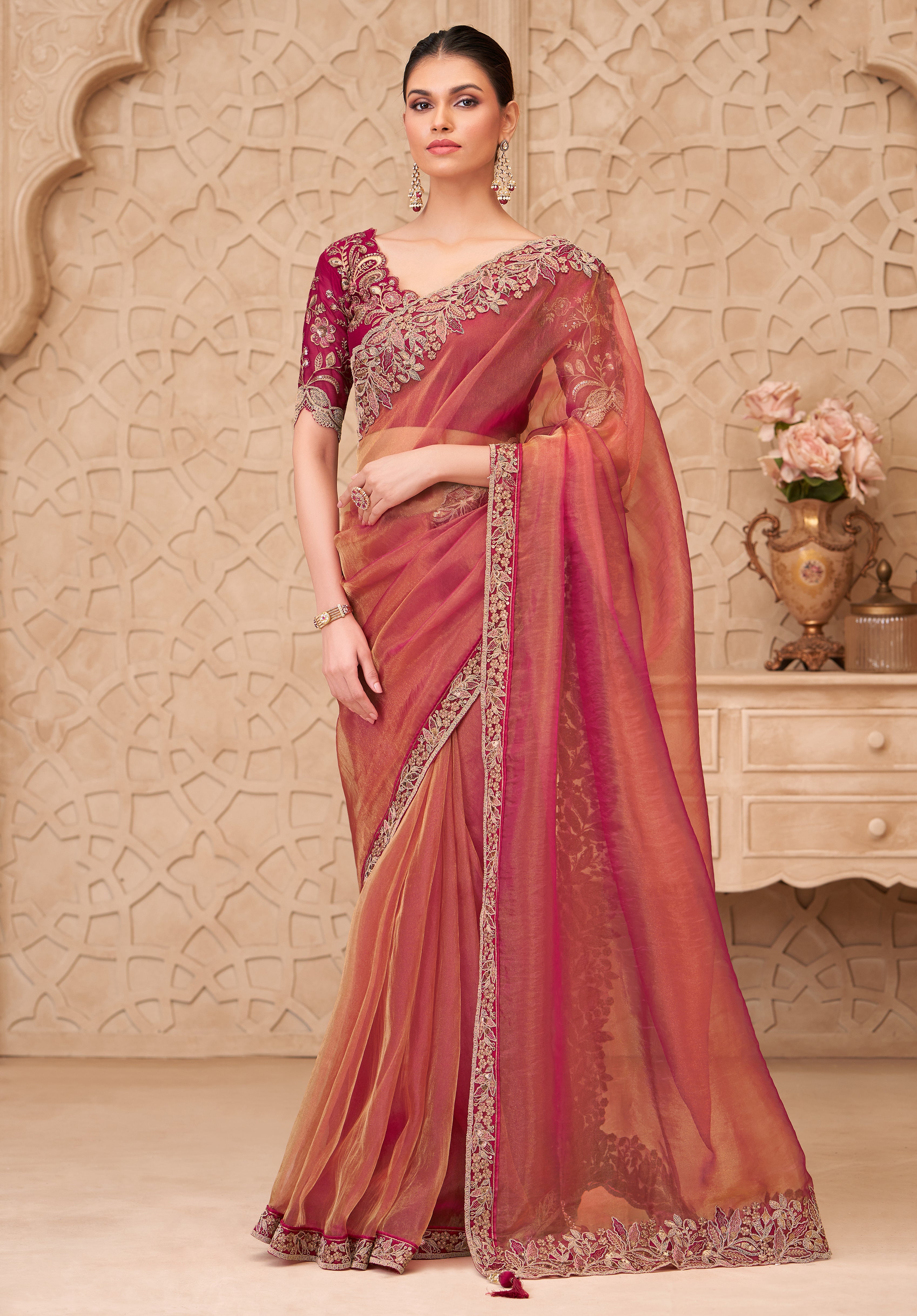 Gold Saree With  Heavy Thread Embroidery Sequins Border Work With Embroidery Blouse