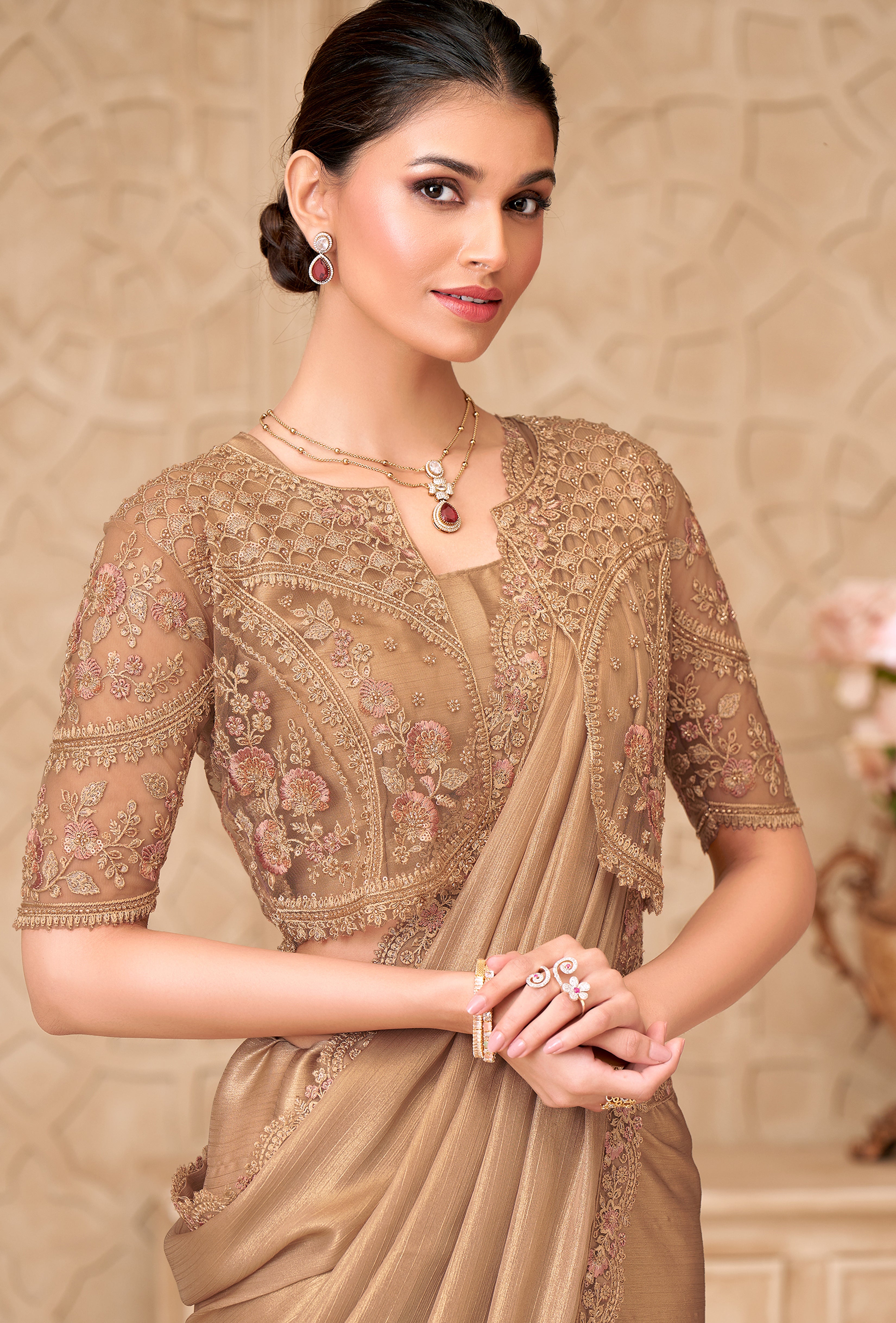 Gold Saree With  Heavy Thread Embroidery Sequins Border Work With Embroidery Blouse