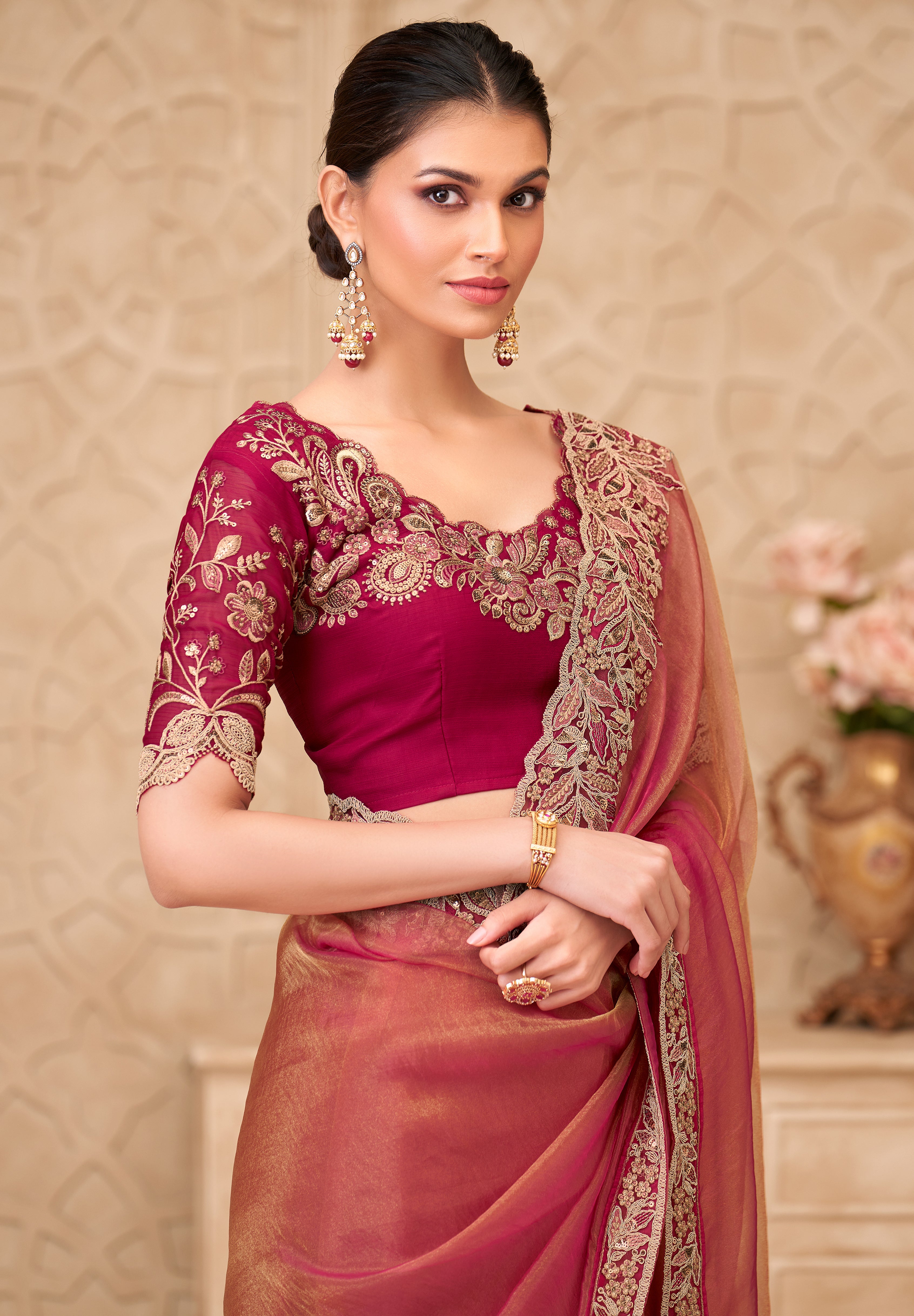 Gold Saree With  Heavy Thread Embroidery Sequins Border Work With Embroidery Blouse
