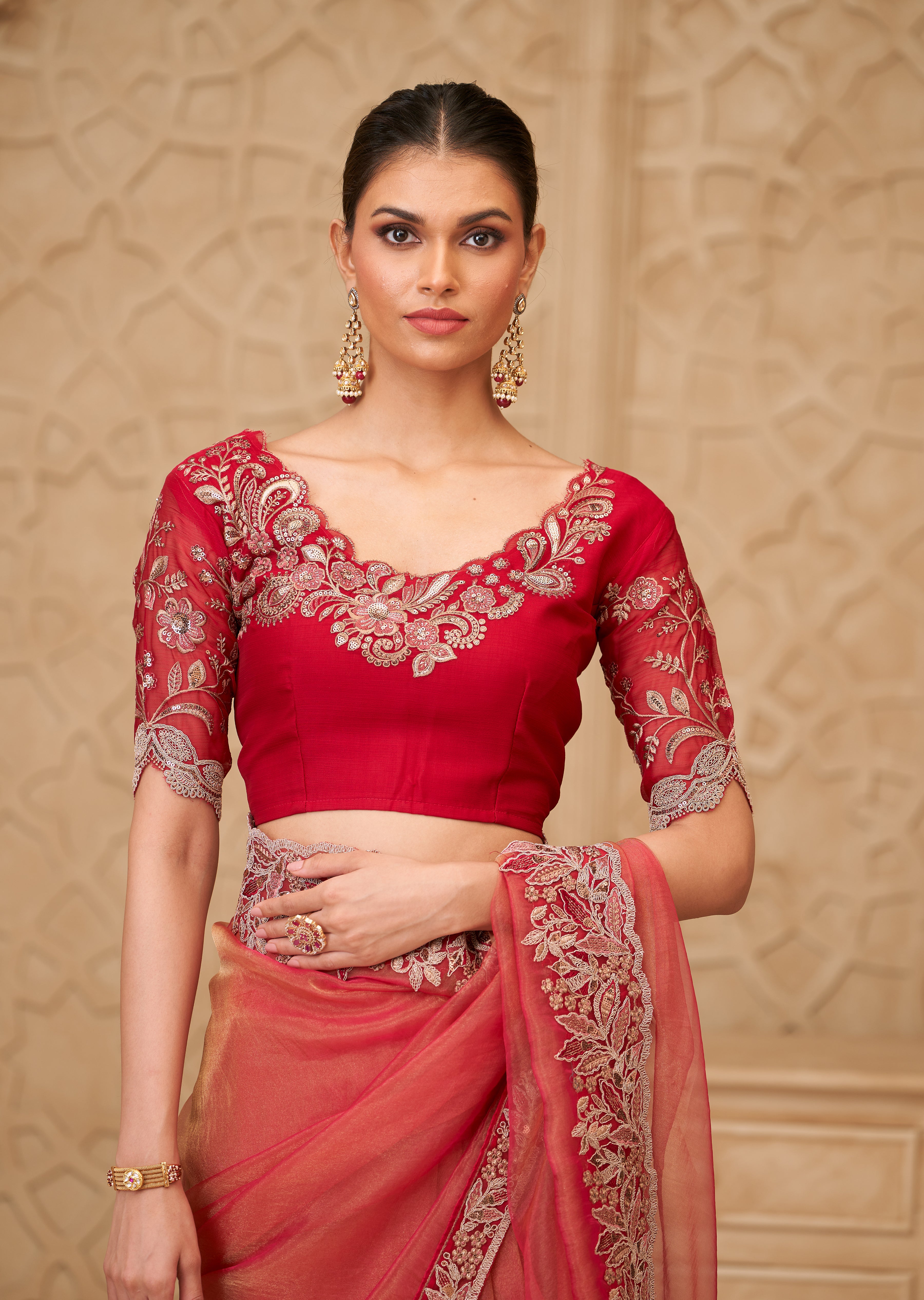 Gold Saree With  Heavy Thread Embroidery Sequins Border Work With Embroidery Blouse