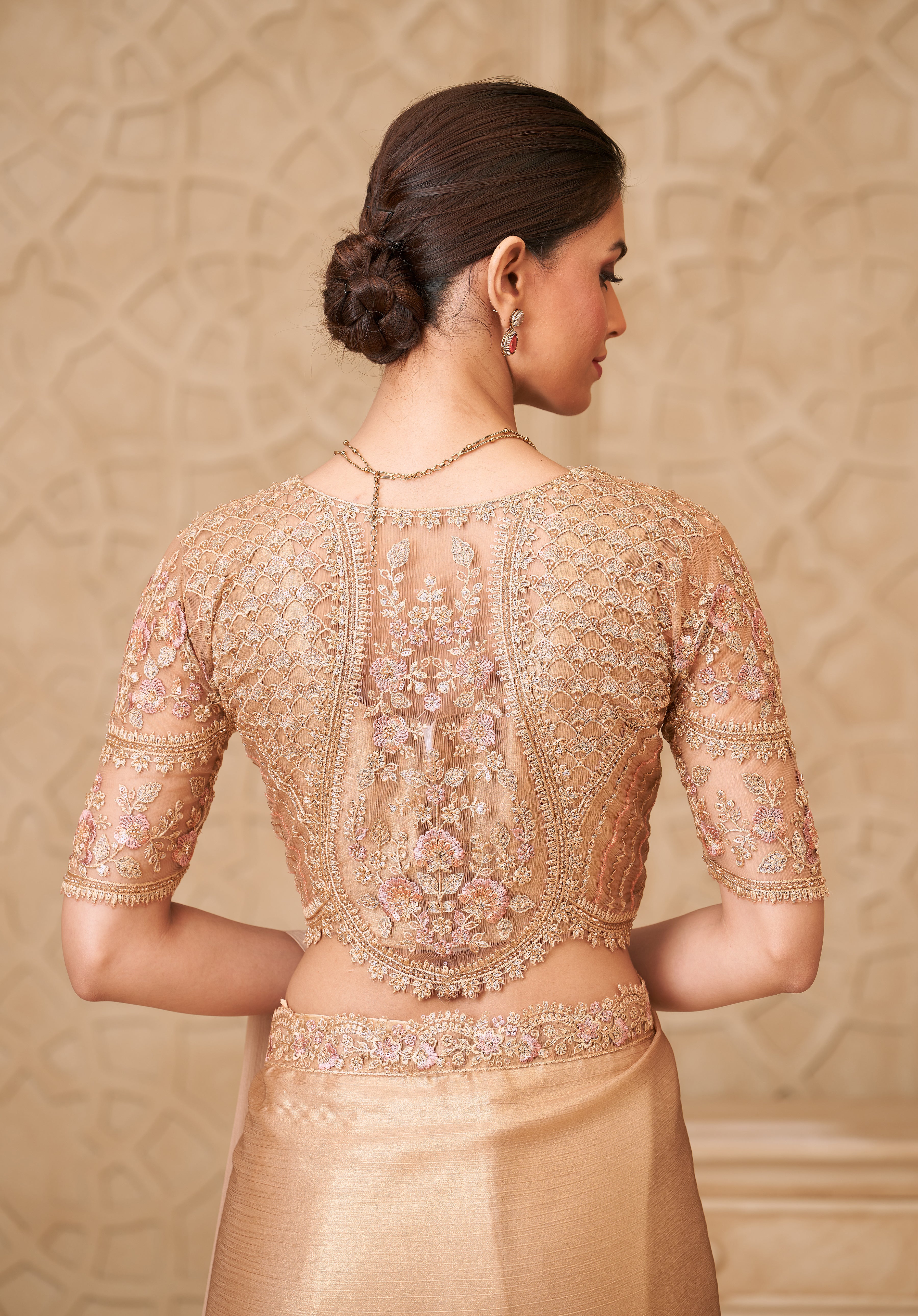 Gold Saree With  Heavy Thread Embroidery Sequins Border Work With Embroidery Blouse