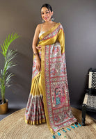 Gold Silk Blend Madhubani Printed Saree