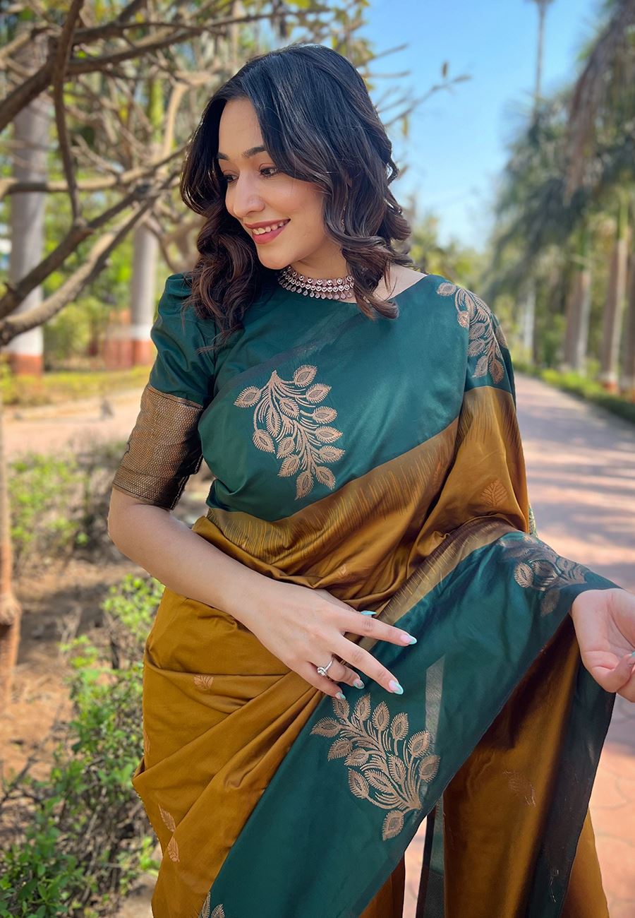 Gold Silk Blend Saree With Floral Border Zari Woven Work