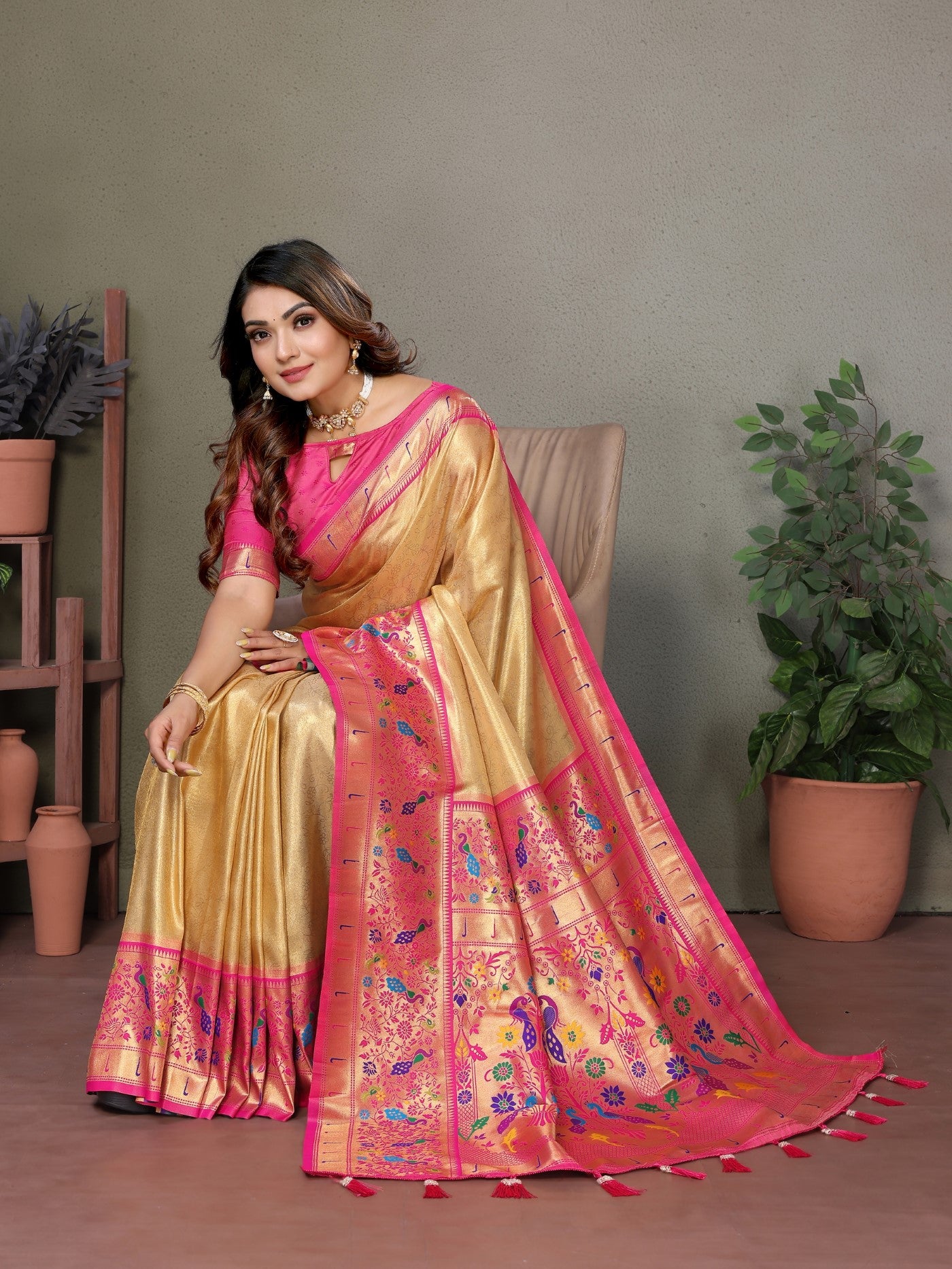 Gold Tissue Silk Saree With Paithani Woven