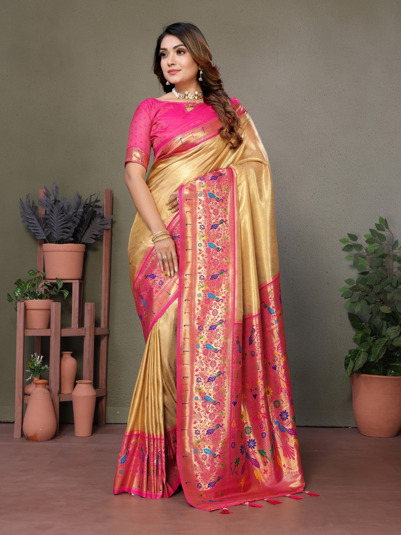 Gold Tissue Silk Saree With Paithani Woven