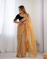 Gold Twill Net Glamorous Bollywood Style Sequins Work Saree
