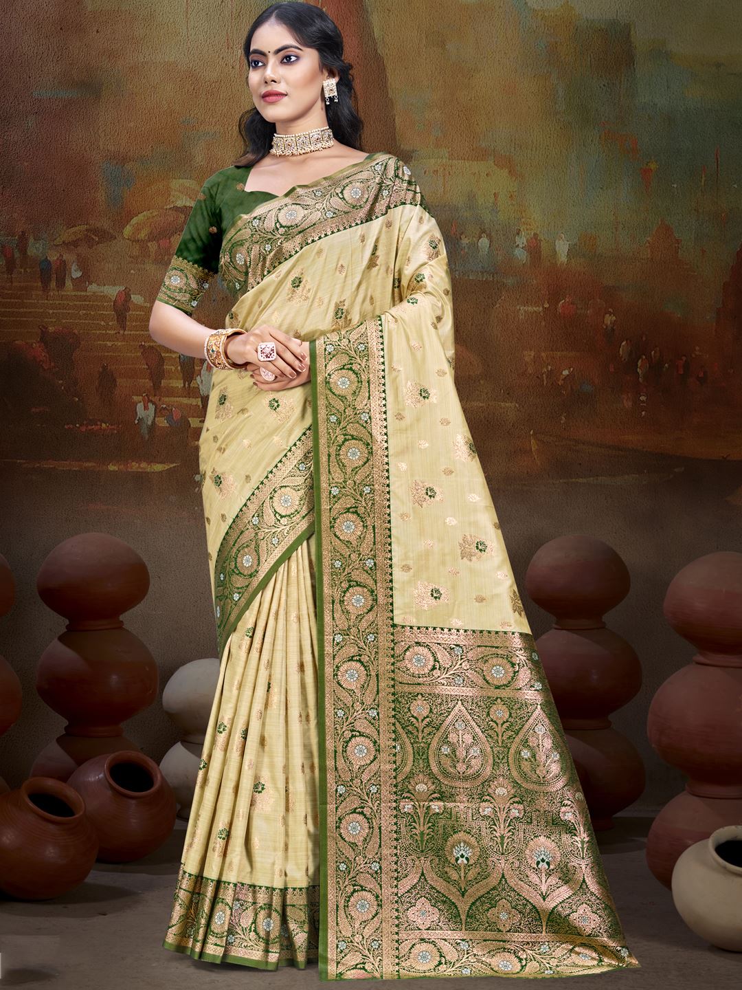 Golden Beige and Mystic Green Silk Saree