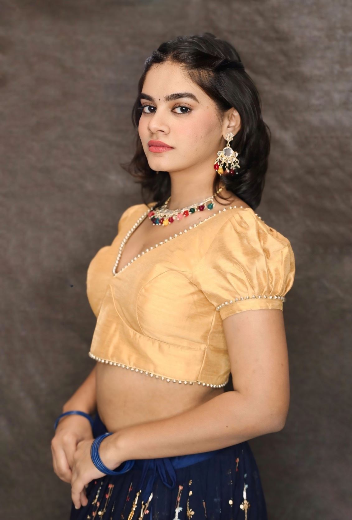 Golden Blouse Puff Sleeves and V Neckline