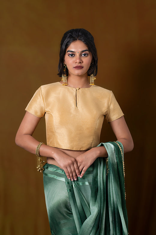 Golden Blouse in Art Silk with Cap Sleeves And Keyhole Neckline