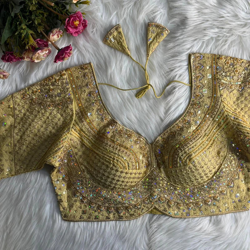Golden Designer Bridal Blouse with Heavy Stars, Rainbow & Sequins Work  Roman Silk