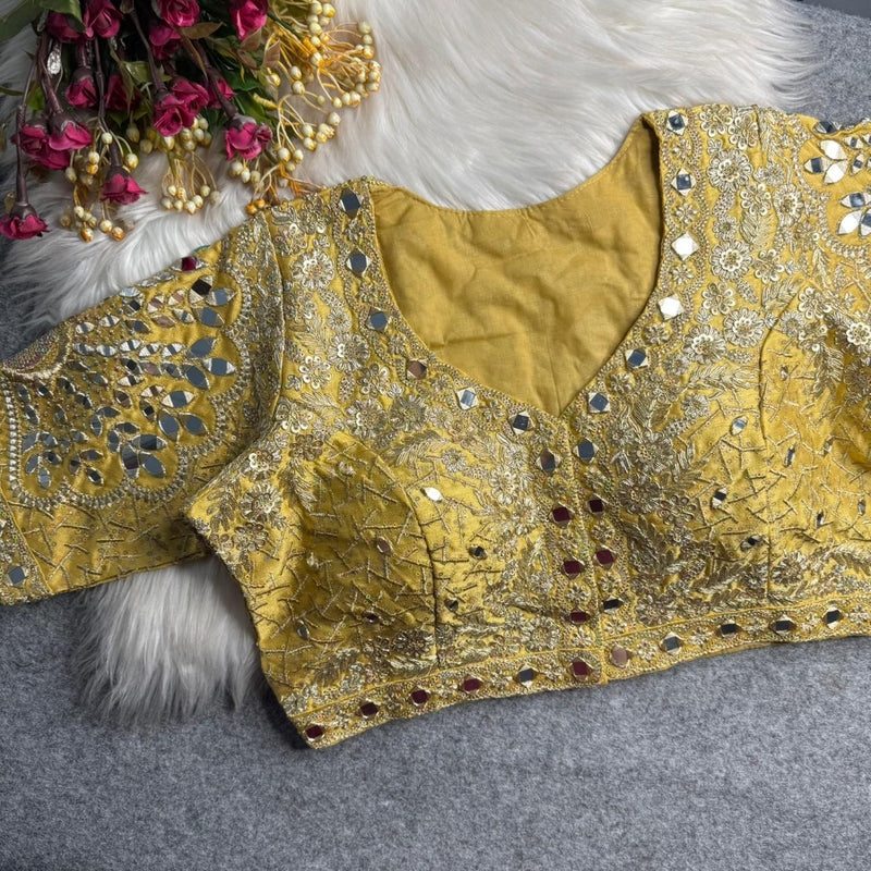Golden Designer Roman Silk Bridal Blouse with Mayur Mirror Work & Sequence Thread Work, Embroidery & Sequins
