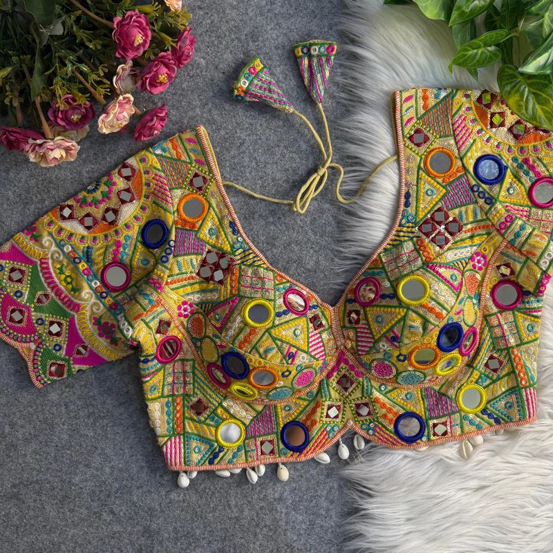 Golden Gamthi Navratri Blouse with Sweetheart Neck & Mirror Work