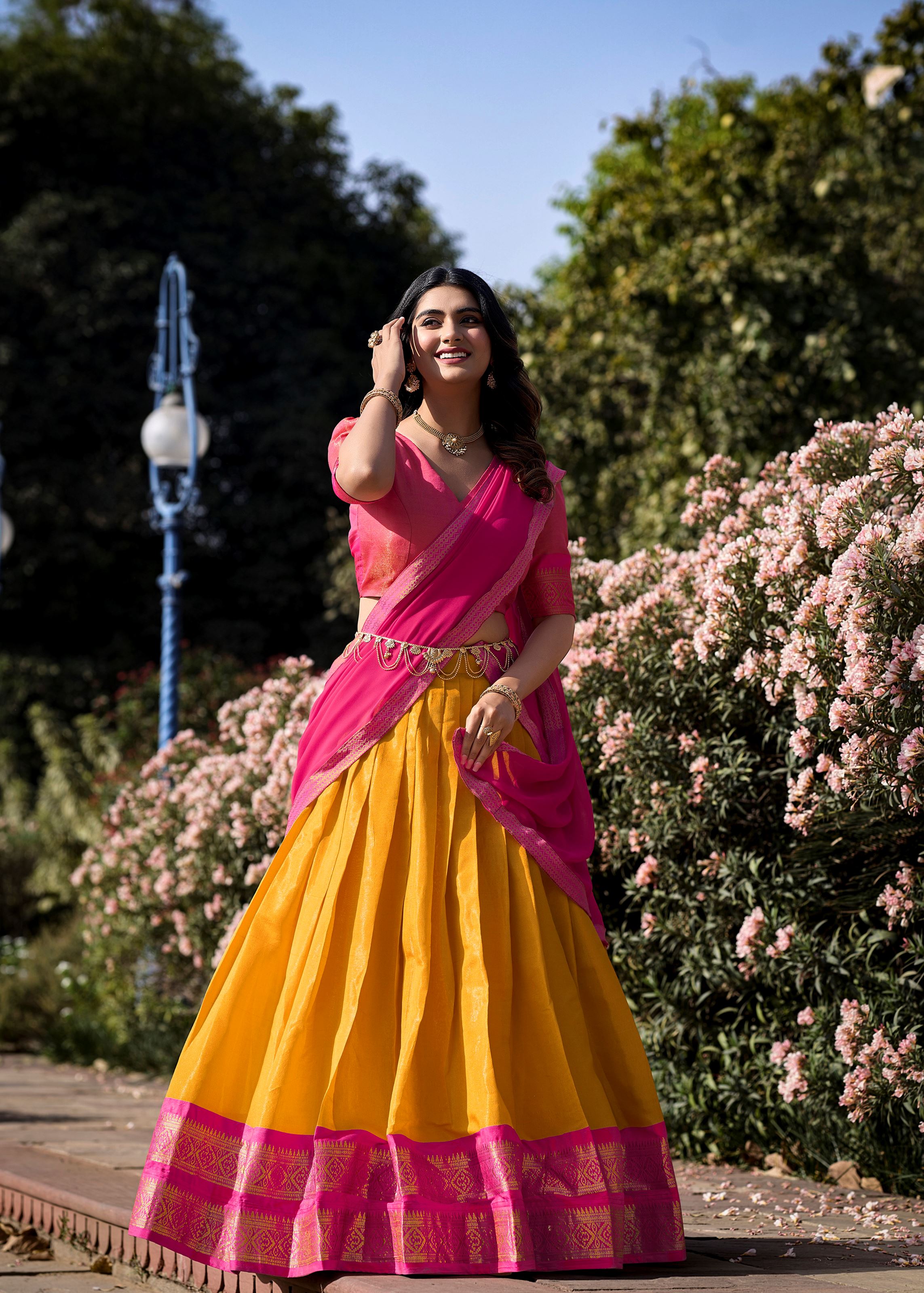 Golden Glow Zari Woven Mustard Kanchipuram Lehenga for Festive Grandeur