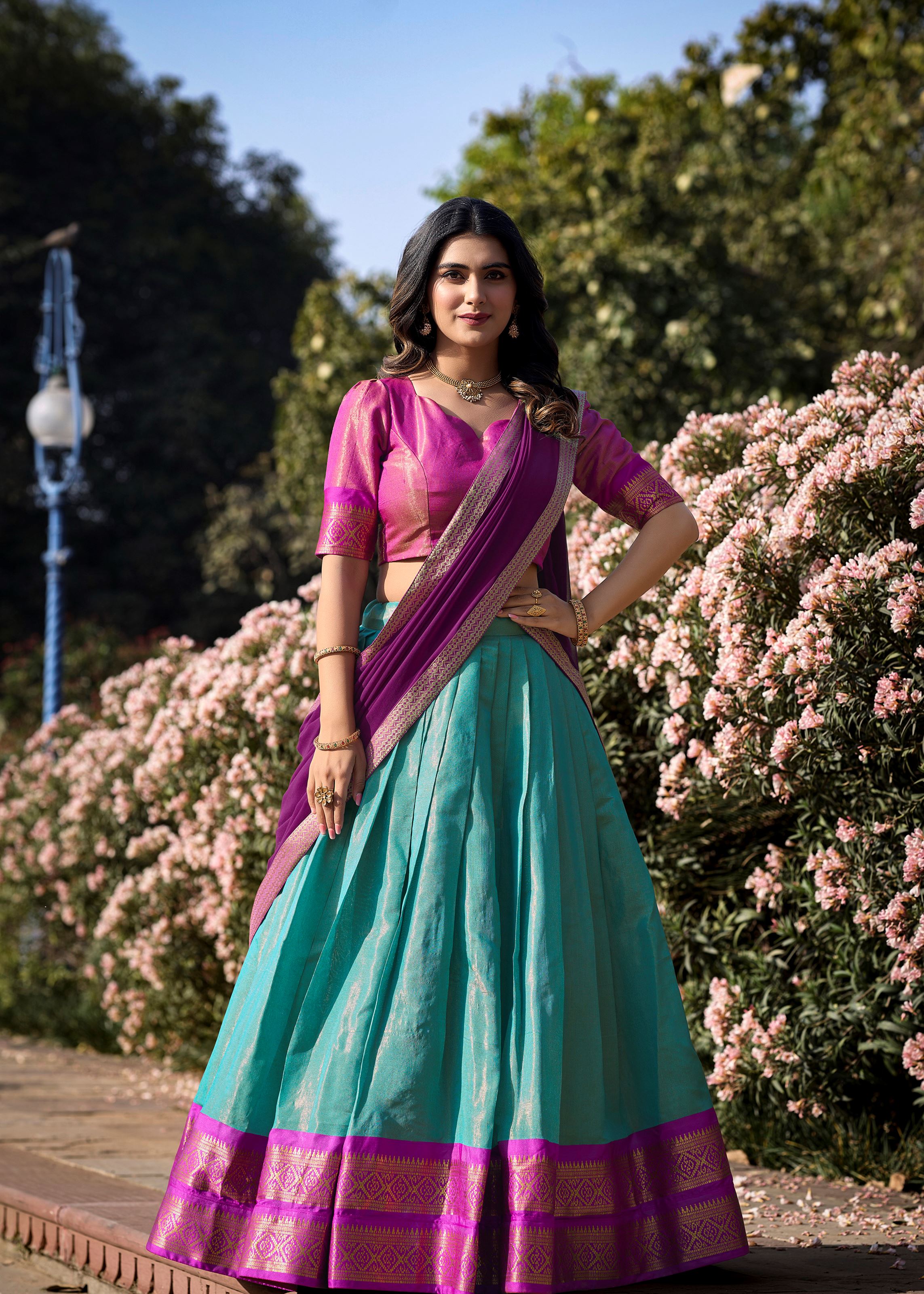 Golden Glow Zari Woven Sky Blue Kanchipuram Lehenga for Festive Grandeur