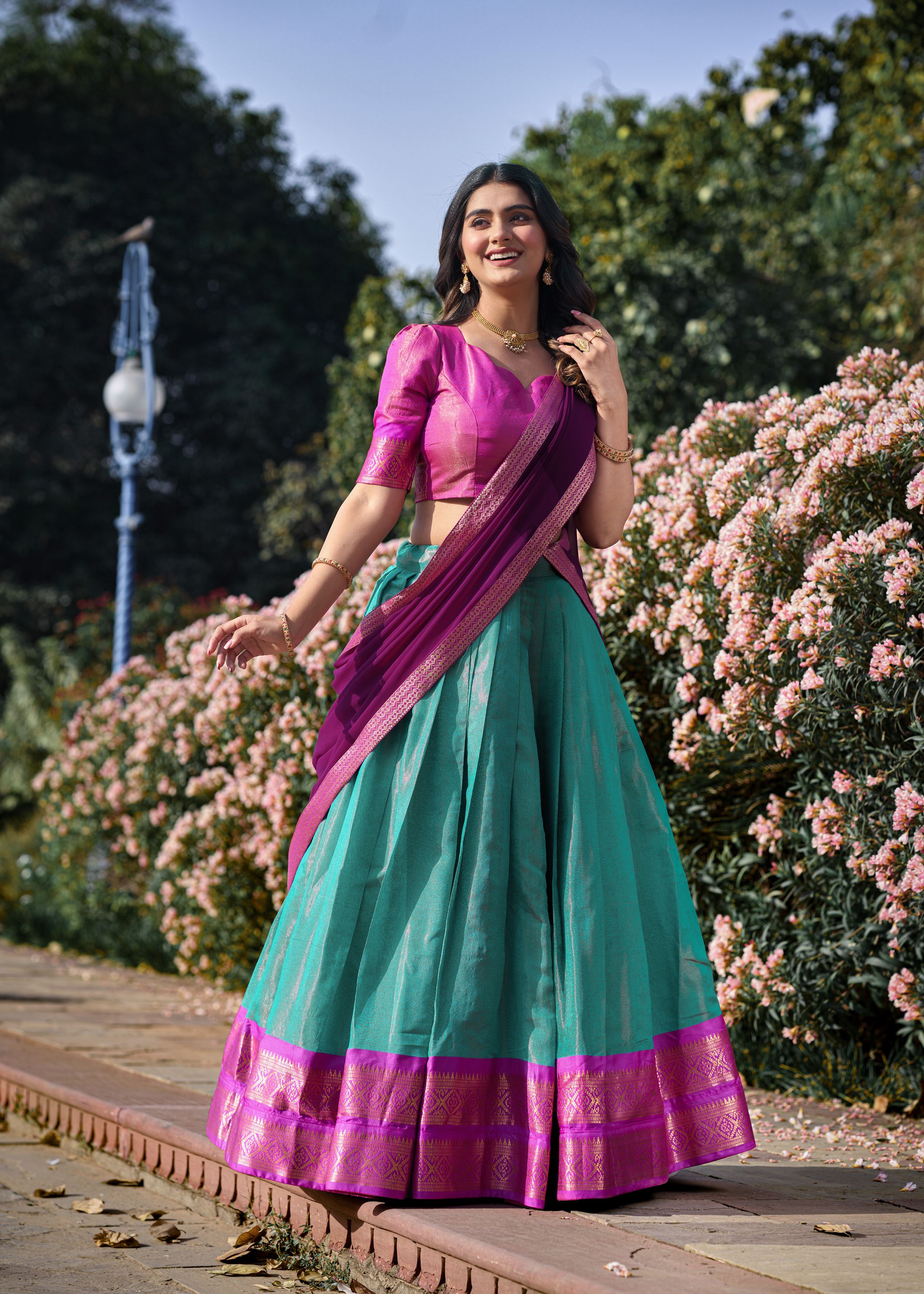 Golden Glow Zari Woven Sky Blue Kanchipuram Lehenga for Festive Grandeur