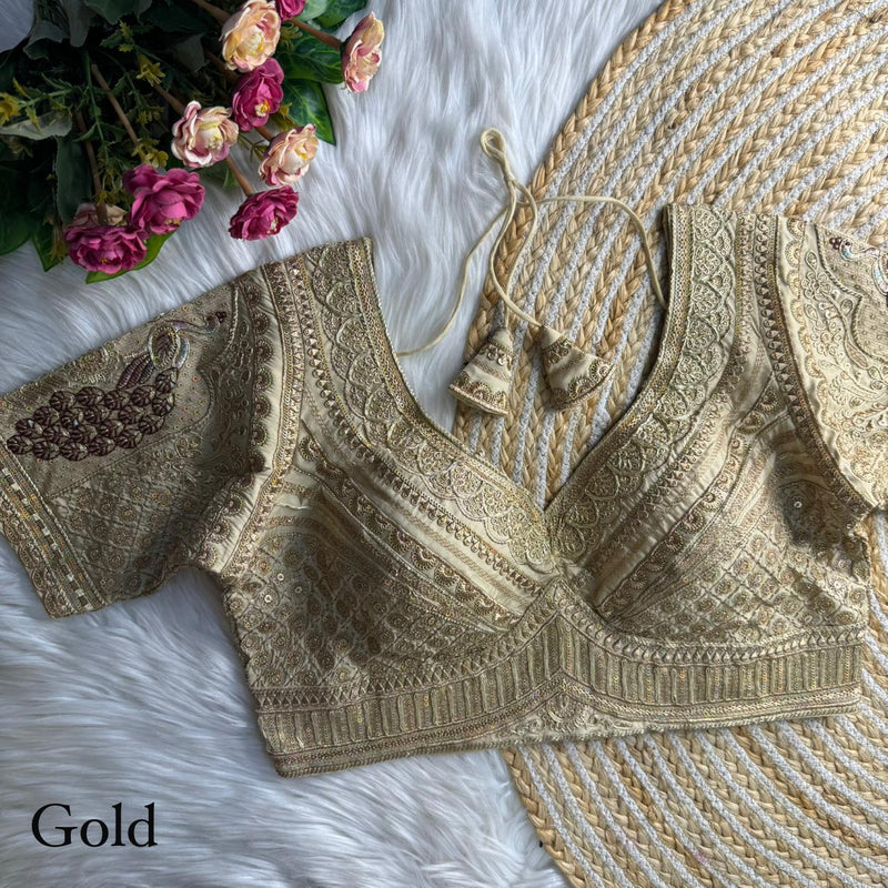 Golden Luxe Bridal Roman Silk Blouse with Gold Zari, Embroidery & Sequins