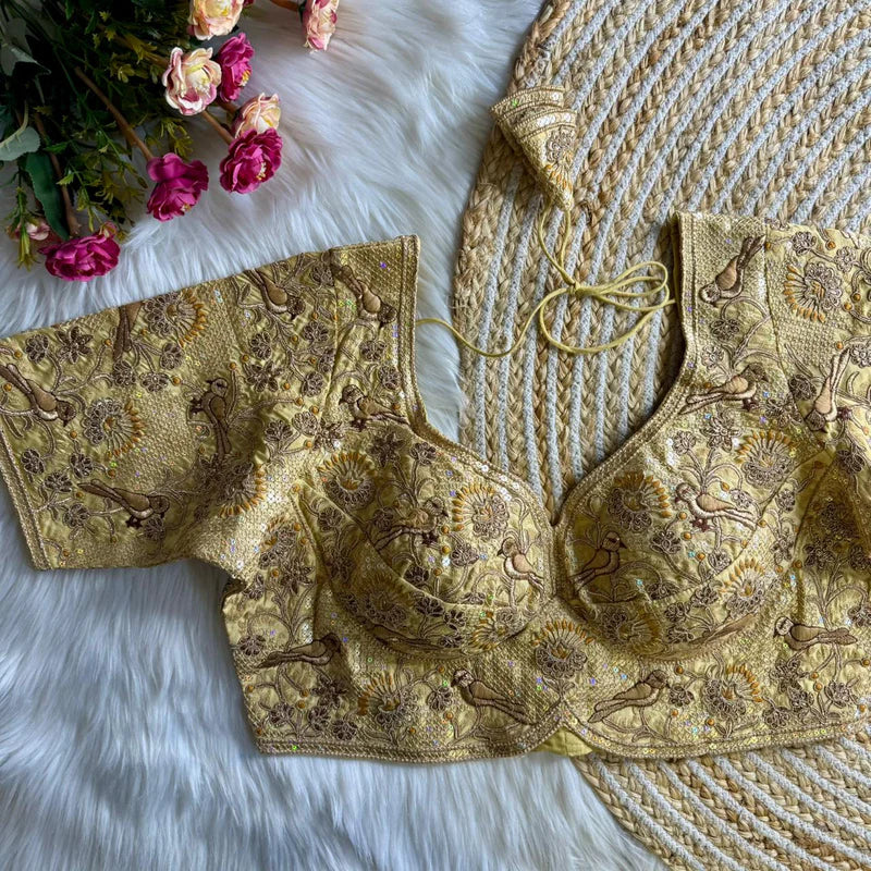 Golden Luxury Bird Motif Bridal Blouse  Roman Silk Designer Wedding Wear