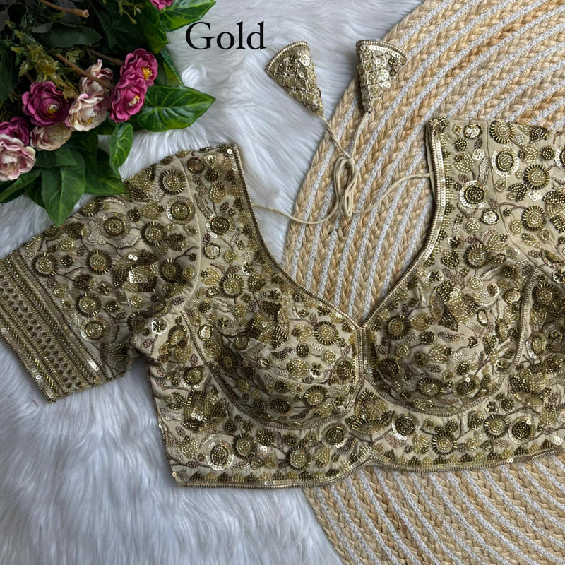 Golden Luxury Heavy Beads Bridal Blouse  Roman Silk Designer Wedding Wear