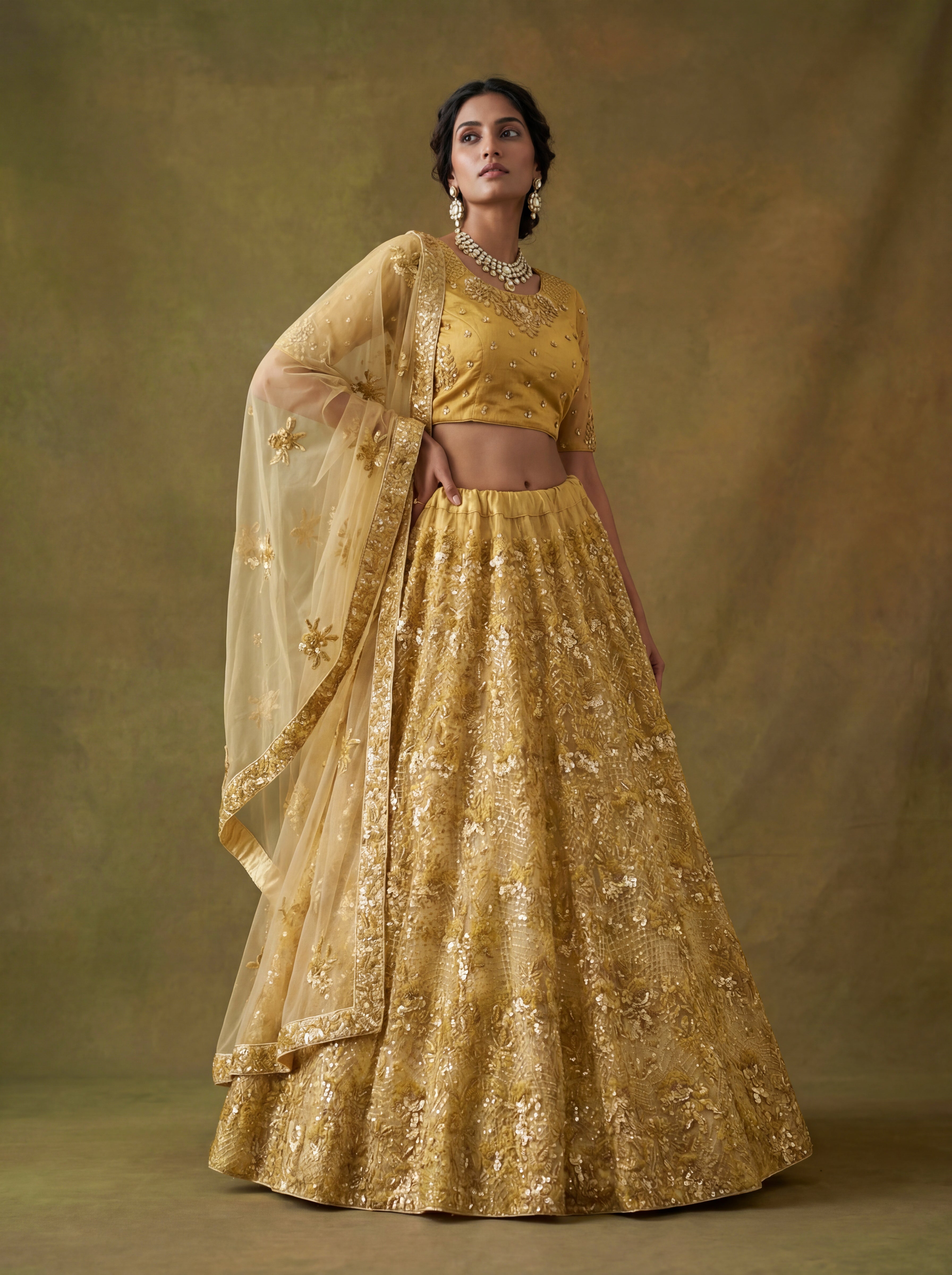 Golden Net Lehenga Choli With Fancy Multi Heavy Thread Embroidery With Sequins Work