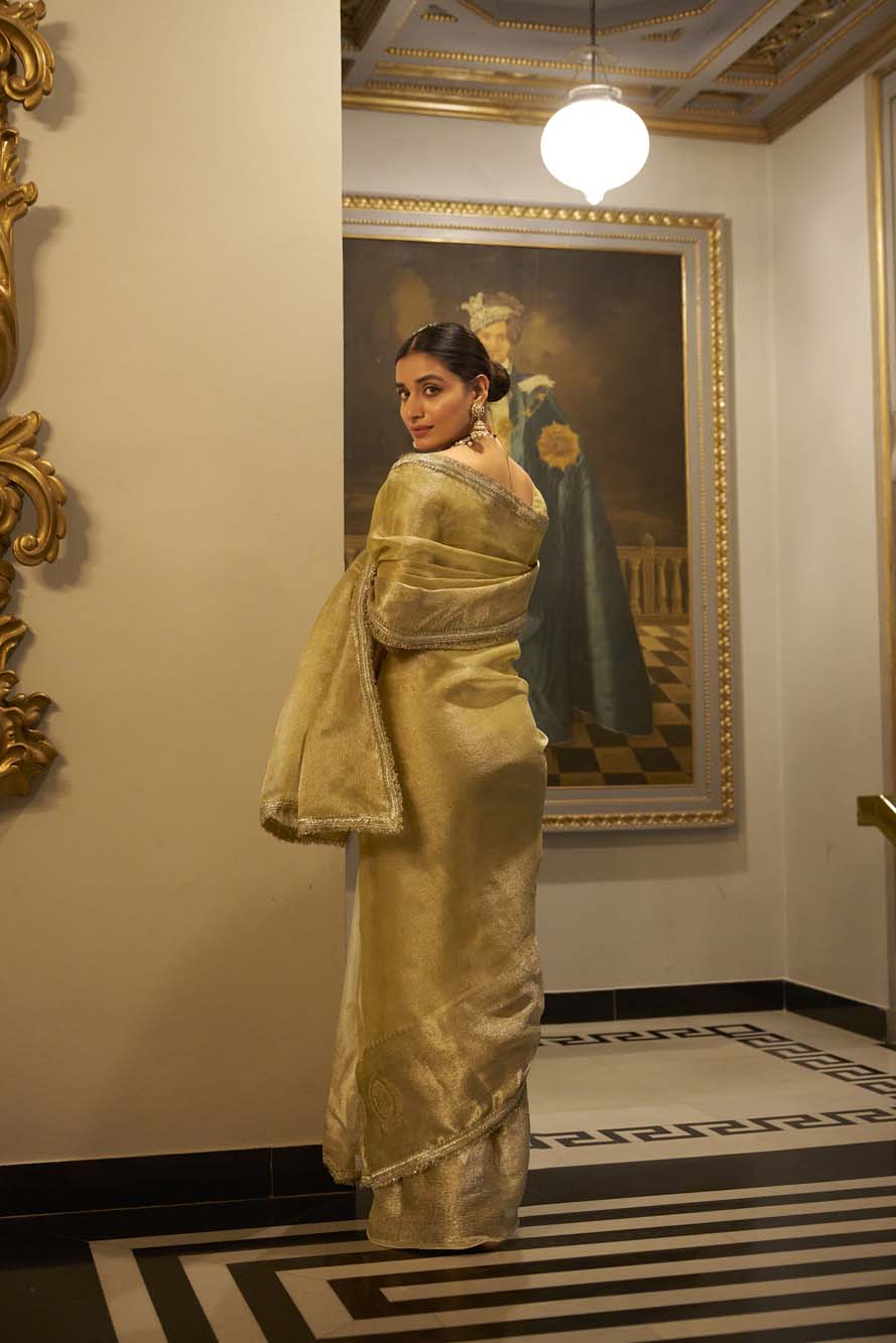 Golden Tissue Shimmer Saree with Zari Weaving & Sequins Lace