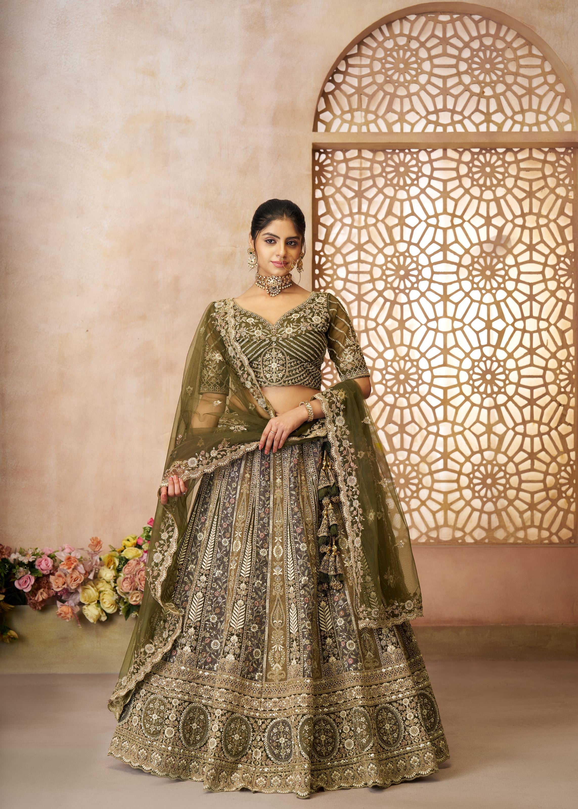 Gorgeous Bridal Lehenga For Mehendi With Thread Work