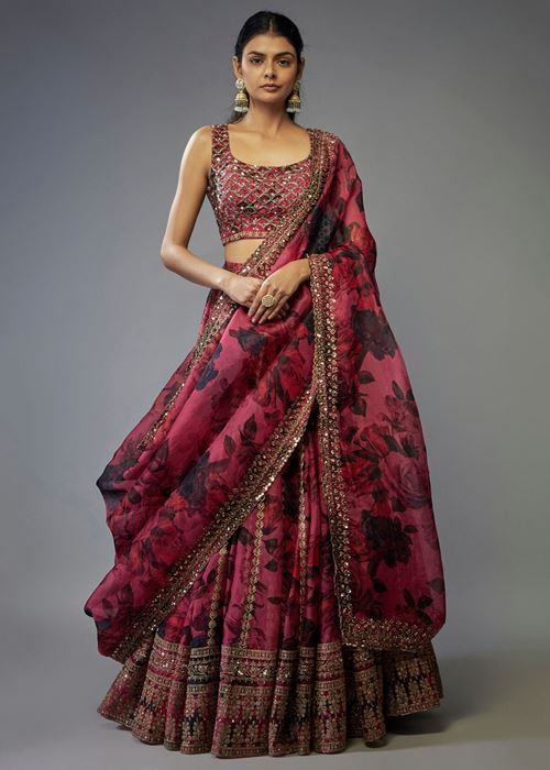 Gorgeous Coral Pink Floral Printed Organza Sangeet Wear Lehenga Choli