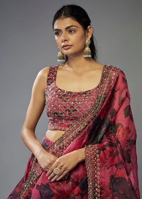 Gorgeous Coral Pink Floral Printed Organza Sangeet Wear Lehenga Choli