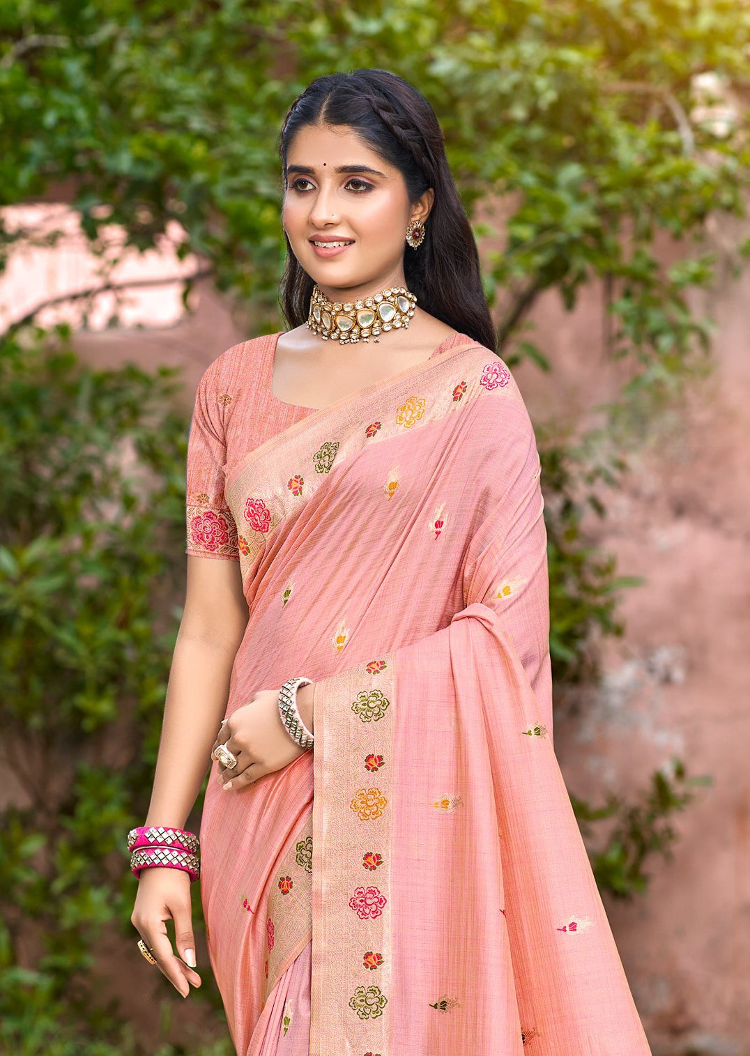 Grace-Infused Peach Assam Silk Meenakari Festival Saree