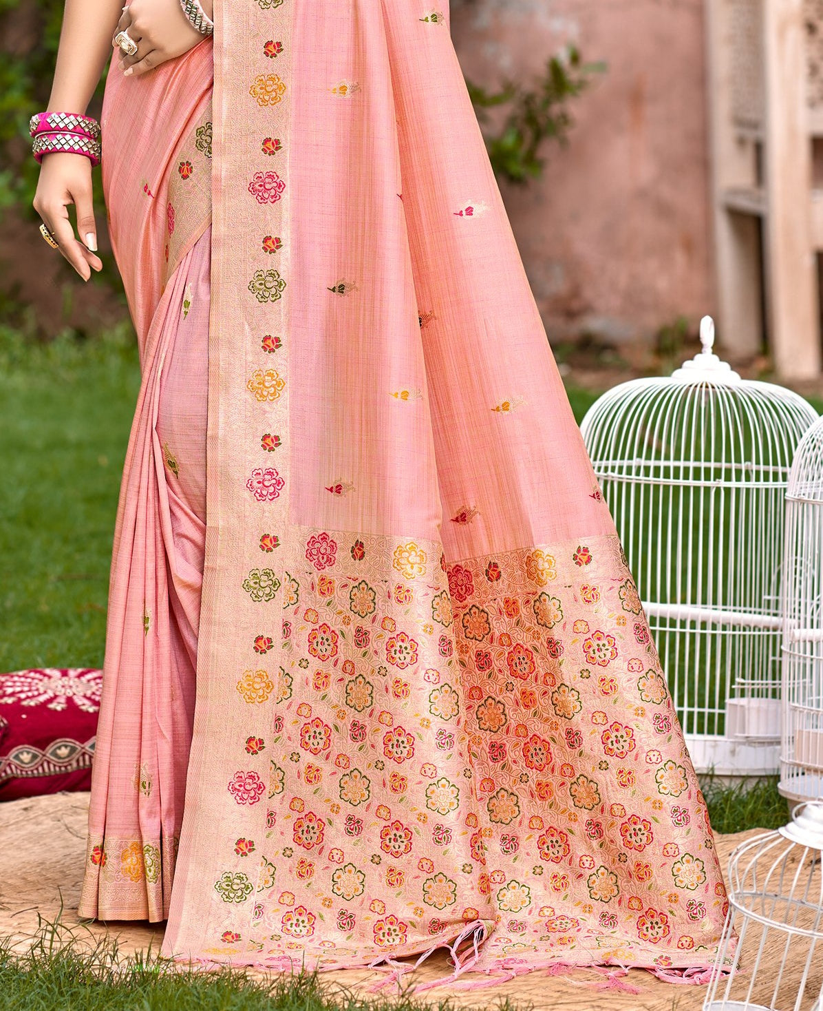 Grace-Infused Peach Assam Silk Meenakari Festival Saree