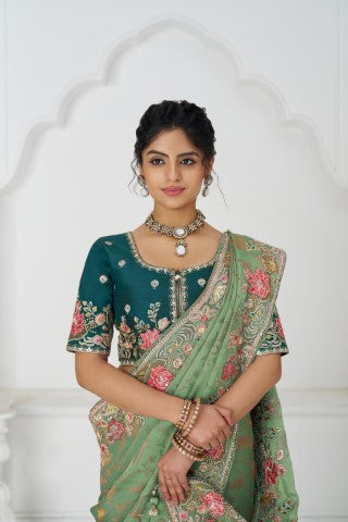 Grace In Green: Multi-Thread Embroidered Saree With Floral Elegance