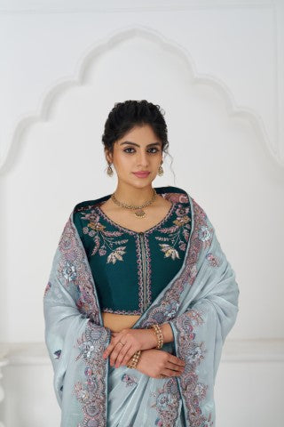 Graceful Grey In Rich Silk Fendi Saree With Zari And Sparkling Sequins