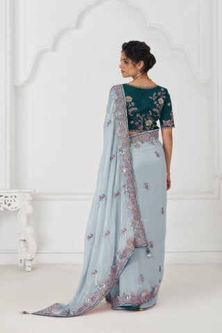 Graceful Grey In Rich Silk Fendi Saree With Zari And Sparkling Sequins