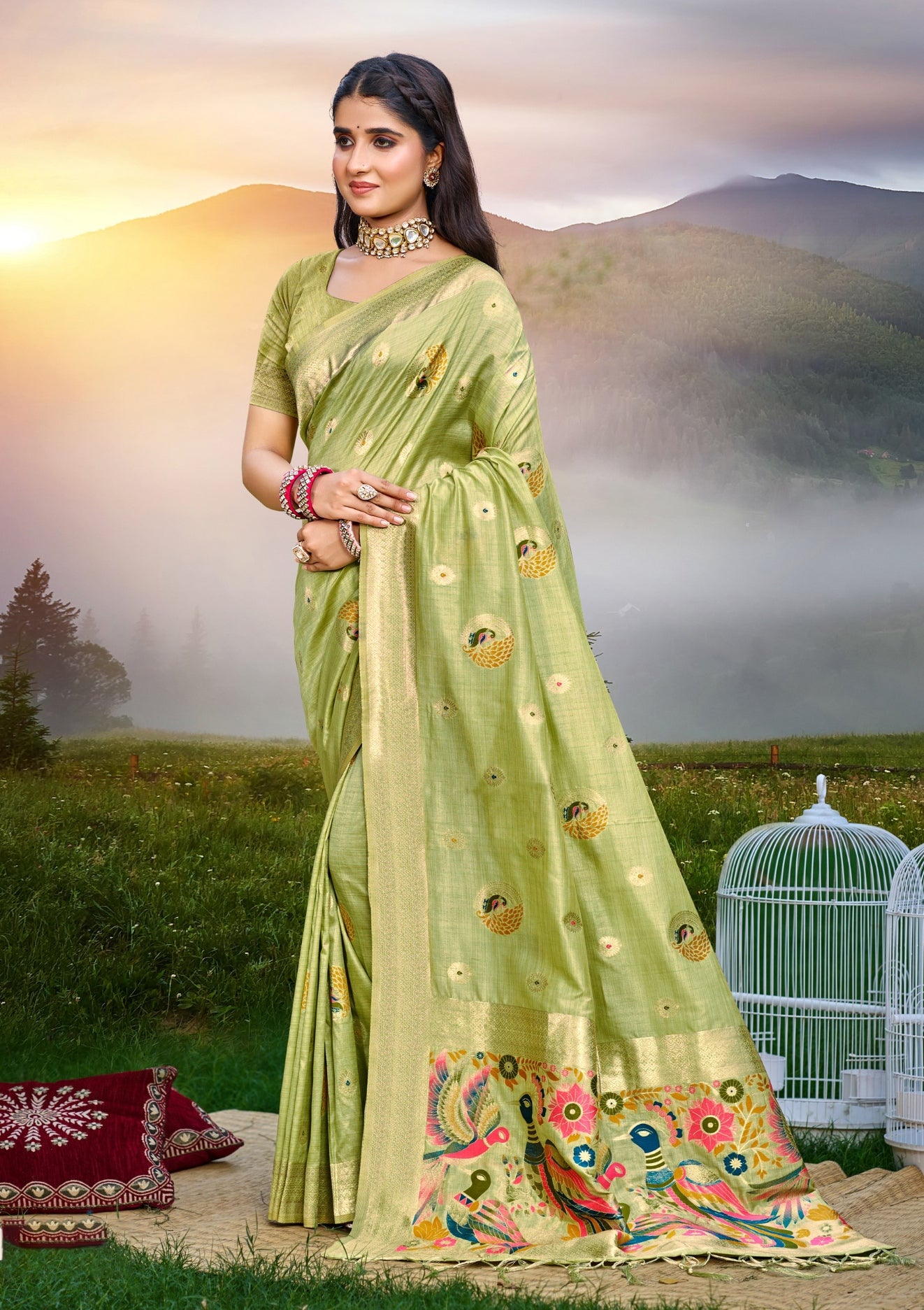 Graceful Orange Assam Silk Meenakari Festival Saree