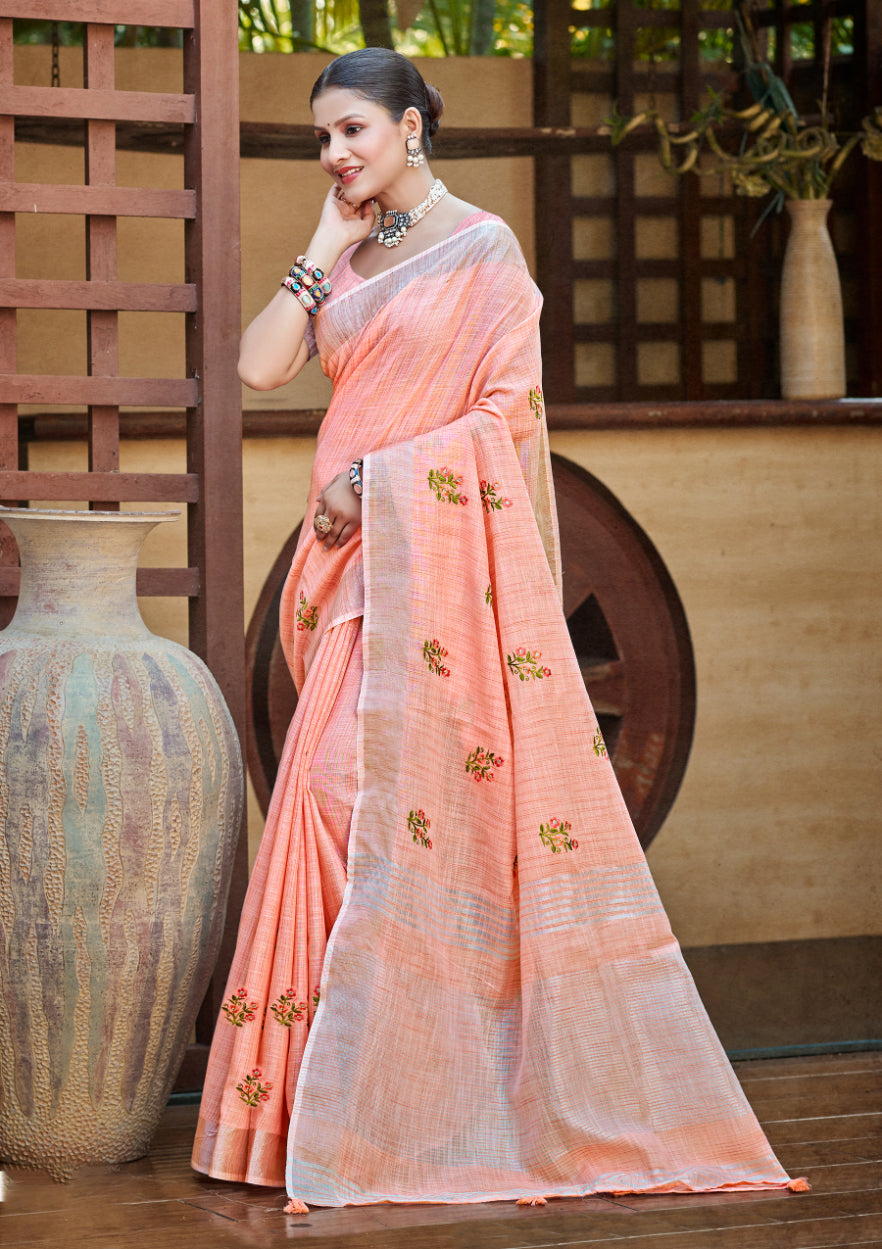 Graceful Peach Linen Festival Saree for Women